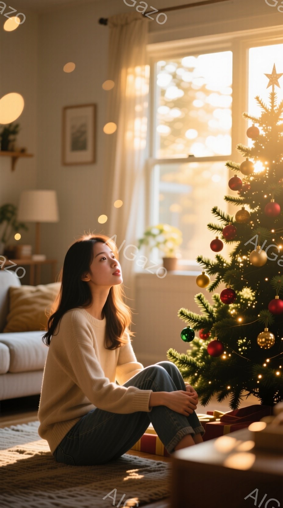 長い髪をほどこし、クリーム色のセーターとジーンズを着た若い女性が、クリスマスツリーの前に座って何かを考えているようだ。部屋は暖色系の照明で照らされ、背景にはソファや観葉植物が見え、窓からは柔らかい光が - AI生成フリー素材