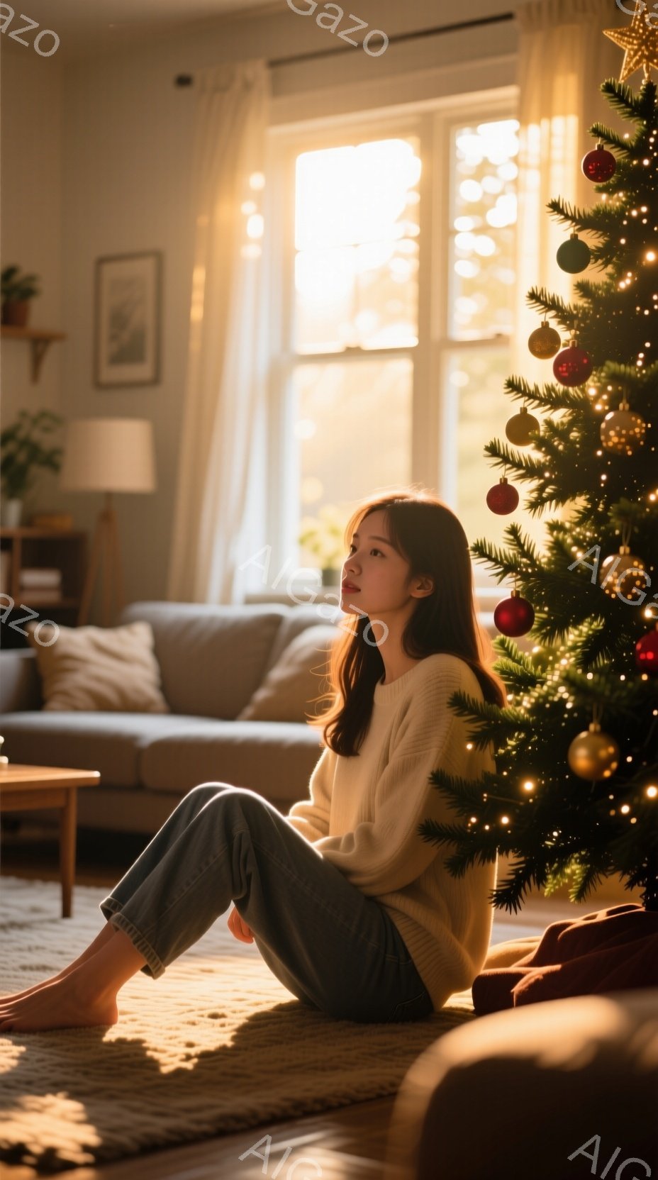 長いストレートヘアの女性が、オフホワイトのセーターとグレーのパンツ姿で床に座っている。彼女は横を向き、少し憂いを帯びた表情で遠くを見つめている。背景にはクリスマスツリーが飾られ、窓から差し込む光が温か - AI生成フリー素材