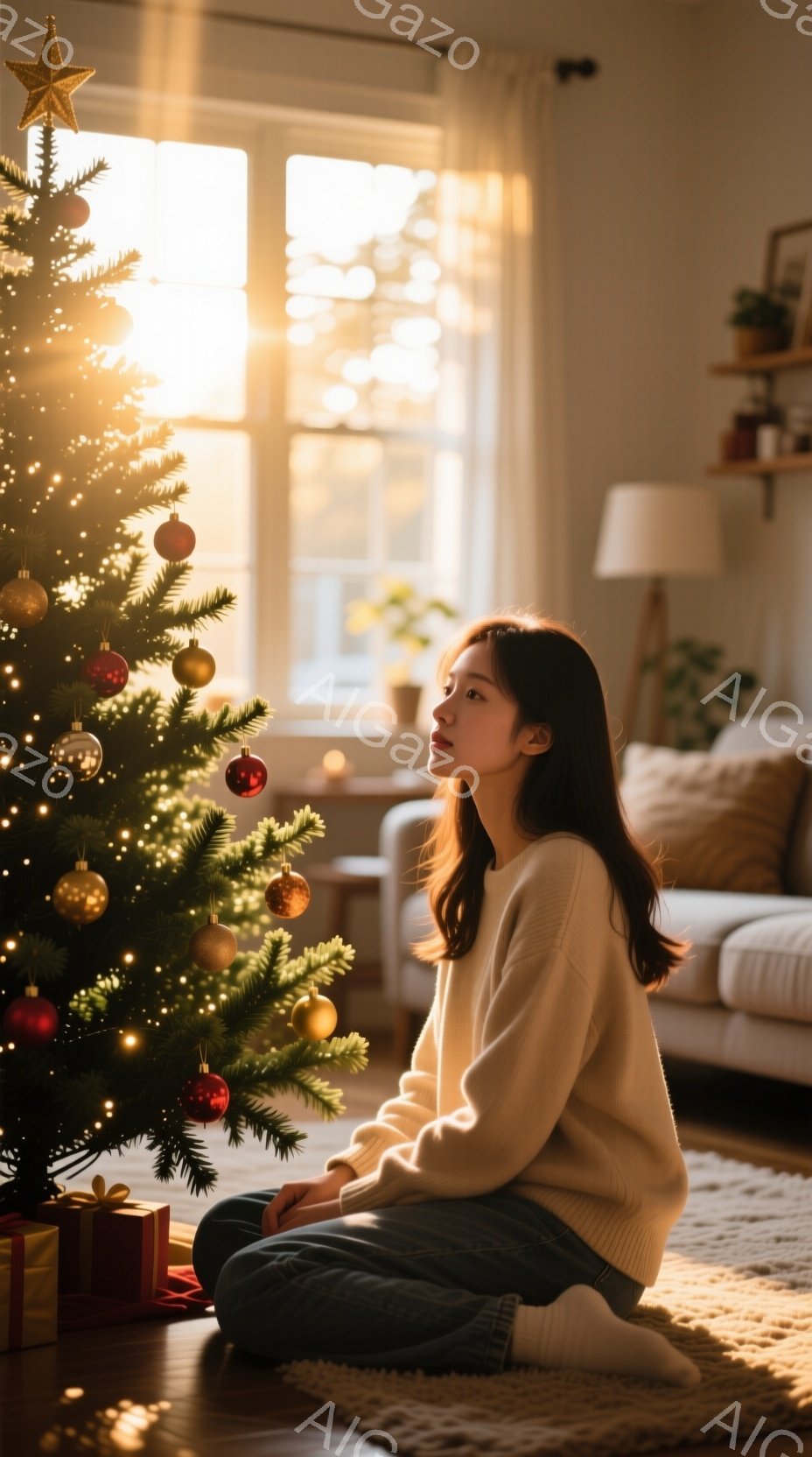 若い女性がクリスマスツリーの前に膝をついて座っており、白いセーターとジーンズ姿で、少し上を見つめる優しい表情をしています。背景にはソファや植物が見え、窓から差し込む光が部屋全体を暖かく照らしています。全体的に穏やかで、心温まるクリスマスの雰囲気が漂っています。