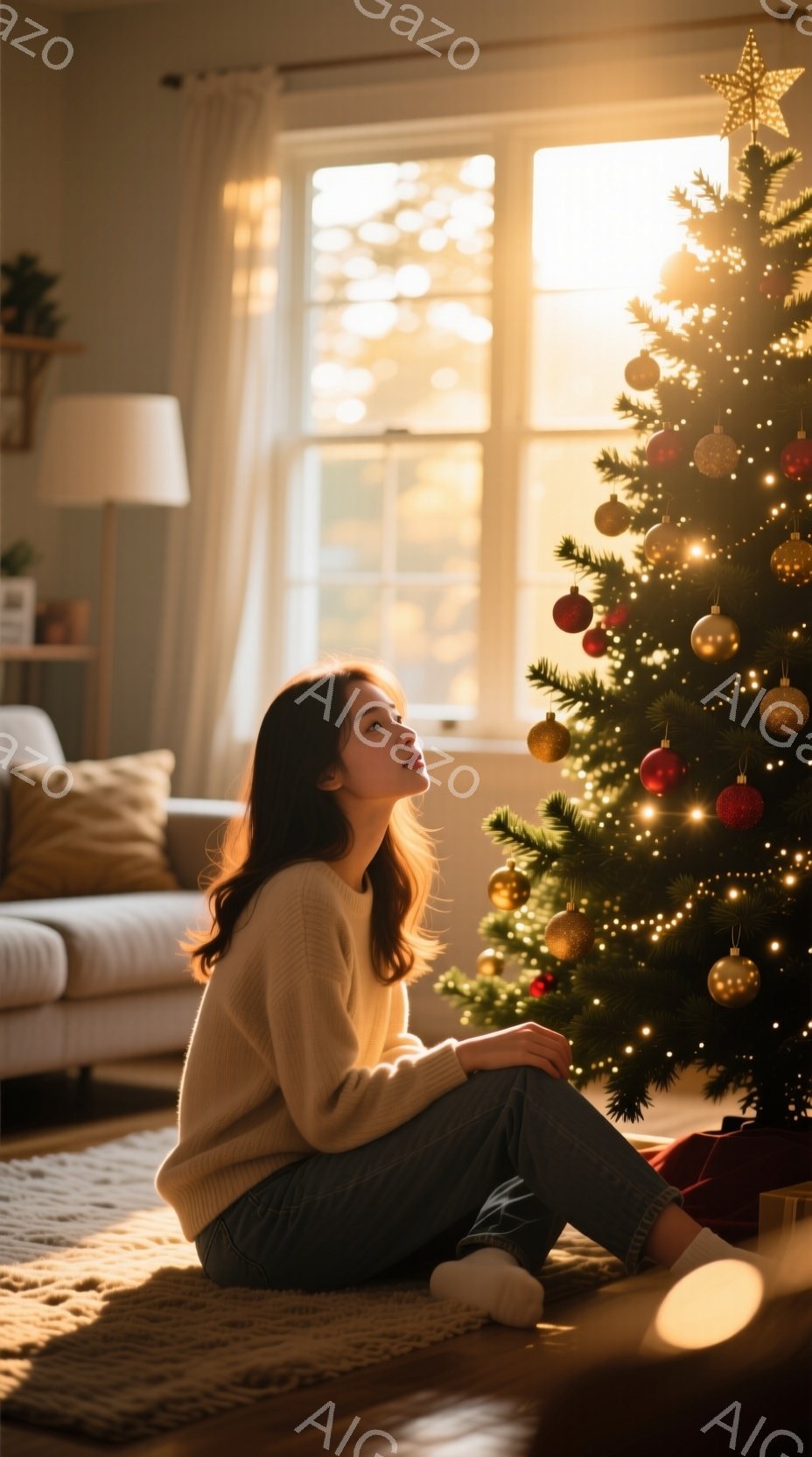 長い髪を肩にかける若い女性が、クリスマスのツリーのそばに座って何かを考えている様子が描かれている。オフホワイトのセーターとジーンズを身につけ、白い靴下を履いている。背景には、窓から差し込む暖かい光と、 - AI生成フリー素材