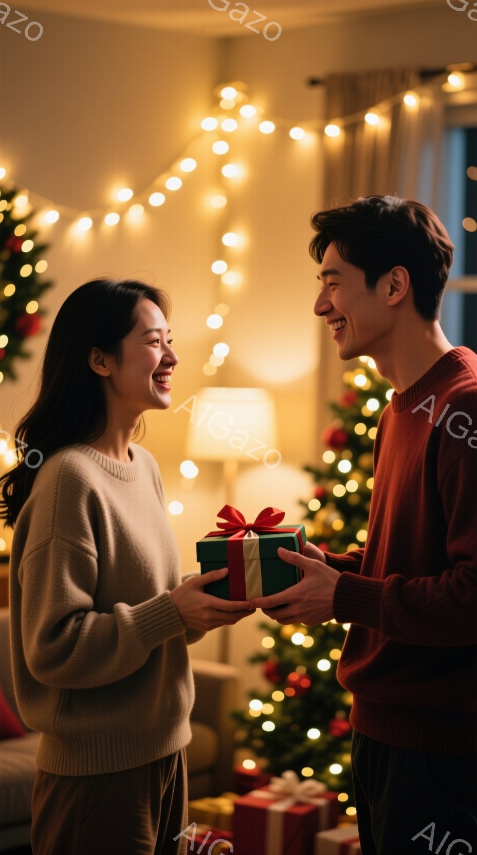 長い髪をなびかせた女性が、赤いリボンで飾られた緑色のプレゼントを両手で受け取ろうとしています。男性は笑顔でプレゼントを差し出しており、二人とも暖色系のセーターを着ています。背景にはクリスマスツリーが飾 - AI生成フリー素材