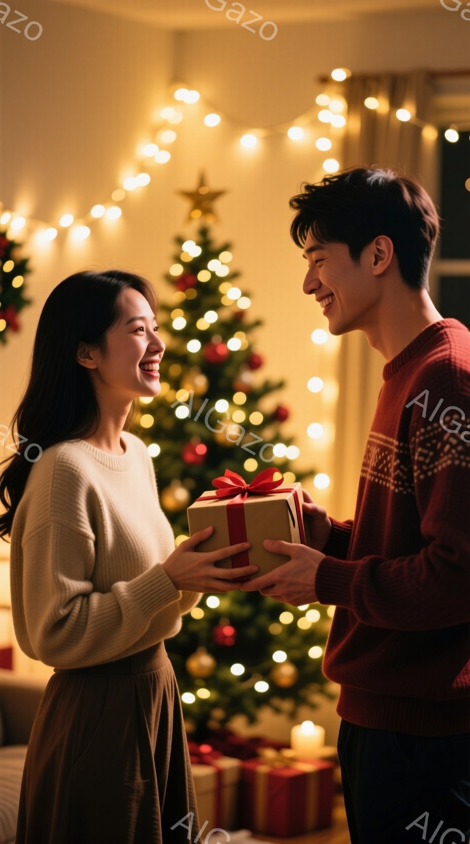 長い黒髪の女性がベージュのセーターと茶色のスカートを着て、赤いリボンで飾られたプレゼントを受け取ろうとしています。赤い模様のセーターを着た男性は、笑顔でプレゼントを差し出しています。背景にはクリスマス - AI生成フリー素材
