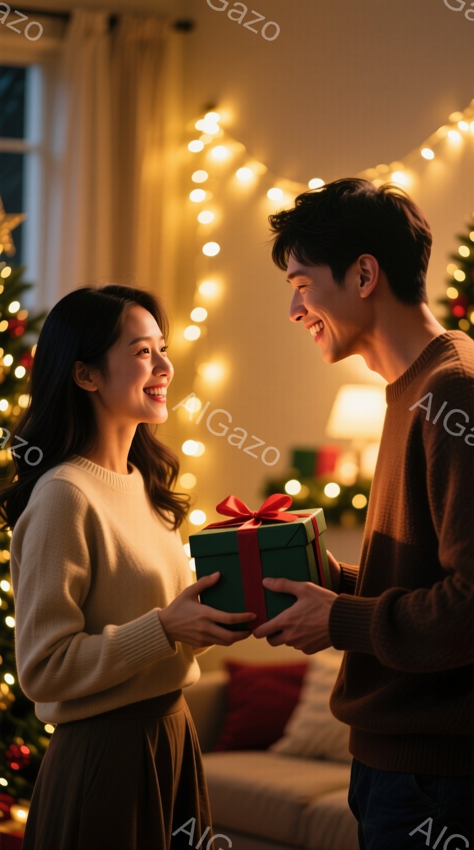 若い女性と男性がプレゼントを交換している様子が描かれています。女性はベージュのセーターとスカートを着用し、長く艶やかな黒髪を下ろしています。男性は茶色のセーターを着ており、温かい笑顔で女性に緑色のリボンで結ばれたギフトボックスを手渡しています。背景にはクリスマスツリーがぼやけて見え、暖かくロマンチックな雰囲気を醸し出しています。