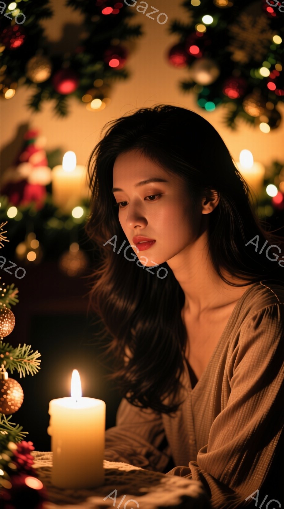 長いダークブラウンの髪をなびかせた女性が、暖かい光に照らされています。彼女はオフホワイトのゆったりとしたトップスを着ており、落ち着いた表情でろうそくを見つめています。背景にはぼやけたクリスマスツリーの光が散りばめられ、静かで神秘的な雰囲気を醸し出しています。