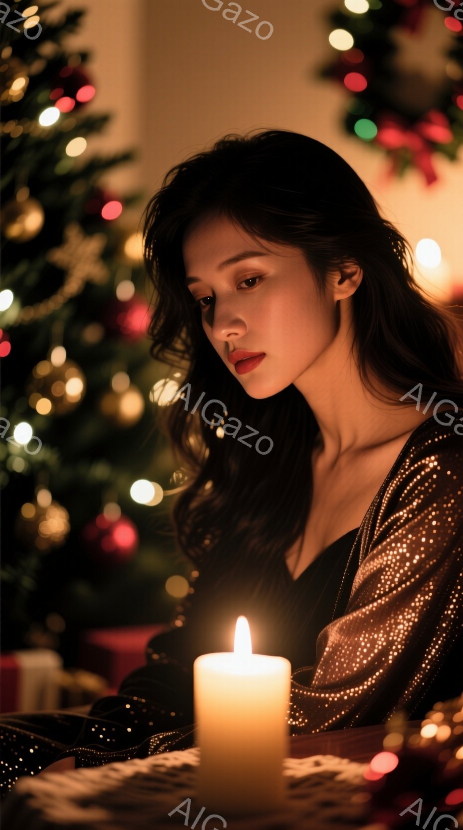 長い黒髪の女性が、きらびやかな黒のトップスを着て、少し物憂げな表情で何かを見つめています。彼女の横にはキャンドルが灯っており、ぼんやりとした光が彼女の顔を照らしています。背景にはぼやけたクリスマスツリ - AI生成フリー素材
