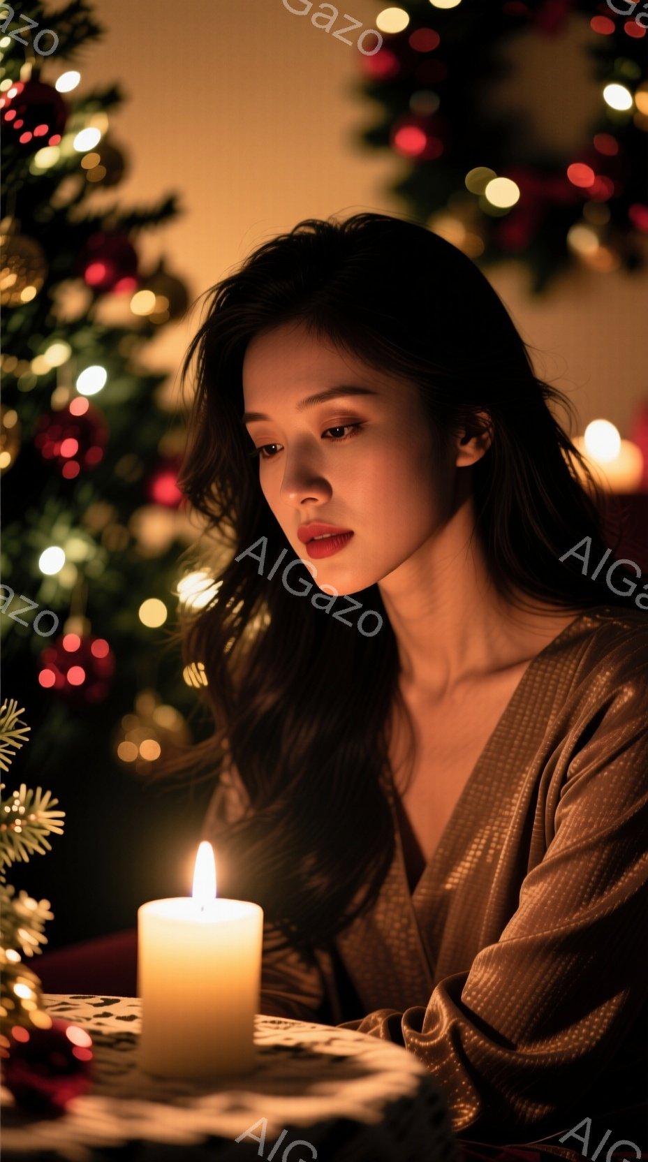 長い黒髪をなびかせた女性が、キャンドルの光に照らされています。彼女はきらびやかなベージュのドレスを着ており、少し憂いを帯びた表情でどこかを見つめています。背景にはぼやけたクリスマスツリーの光があり、暖 - AI生成フリー素材