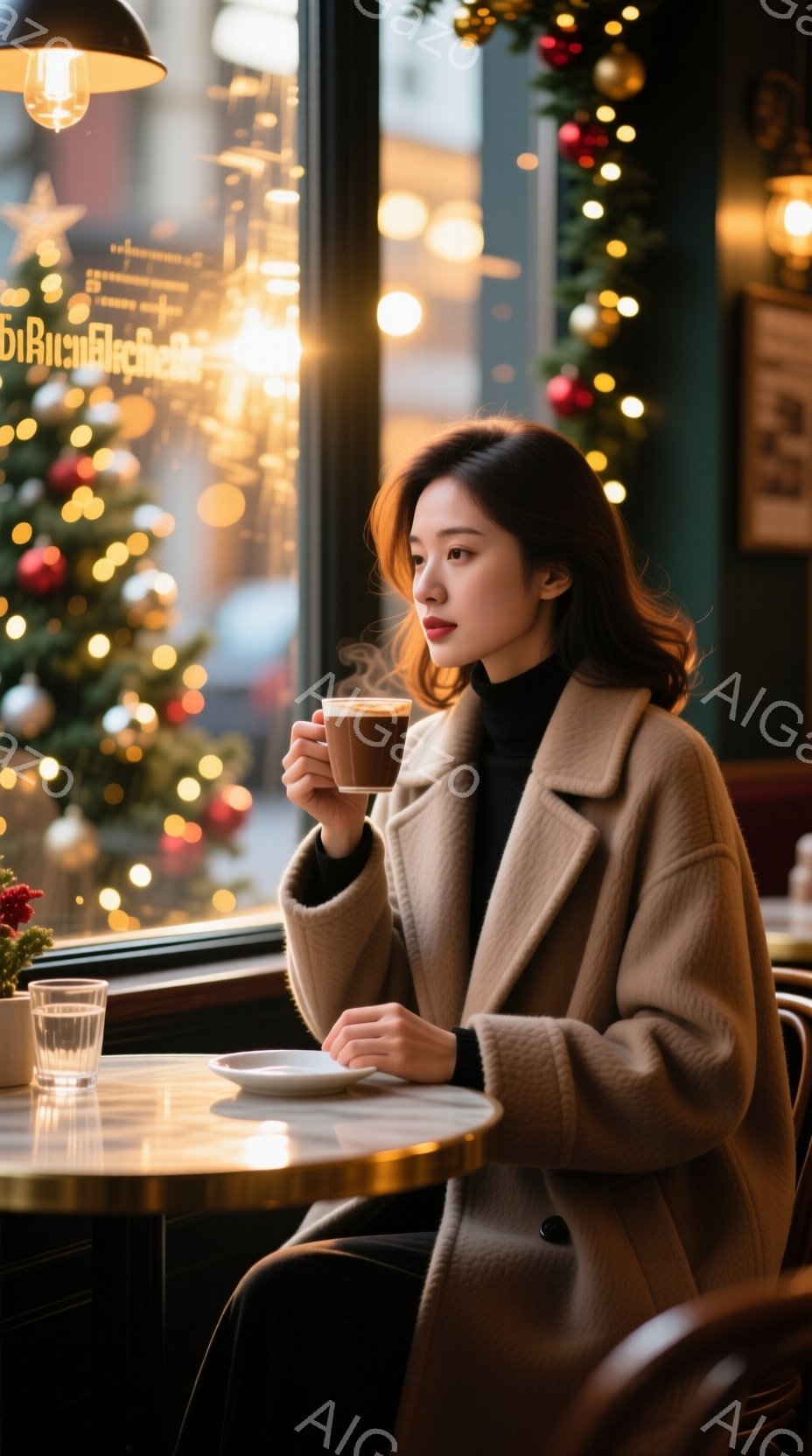 窓際のテーブルに座る女性は、キャメル色のコートと黒いセーターを着ています。彼女は片手に温かい飲み物を持ち、少し物憂げな表情で外を眺めています。背景にはクリスマスの飾り付けが施された街並みがぼやけて見え - AI生成フリー素材