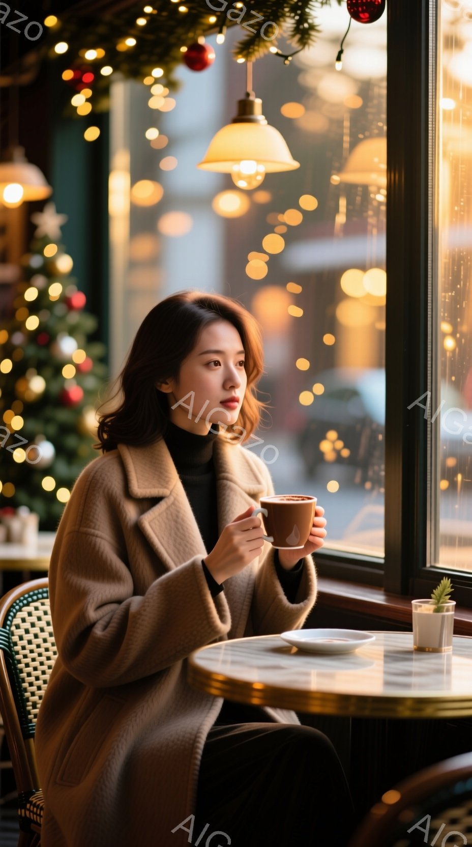 温かいベージュ色のコートを着た女性が、窓際のテーブルで温かい飲み物を手に持っている。彼女は黒髪で、少し微笑んでいるような、物思いにふける表情をしている。背景にはクリスマスツリーや街の光がぼんやりと見え - AI生成フリー素材