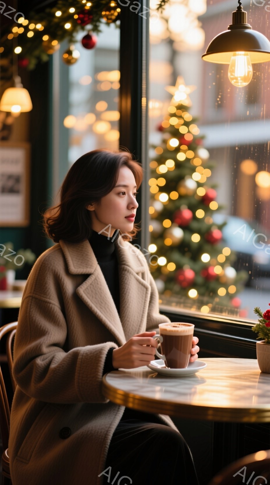 茶色のコートを着た若い女性が、窓際のテーブルで温かい飲み物を手に持っています。彼女は黒髪で、少し内側を向いた視線で、リラックスした雰囲気でどこかを見つめています。背景にはクリスマスツリーがぼんやりと見 - AI生成フリー素材