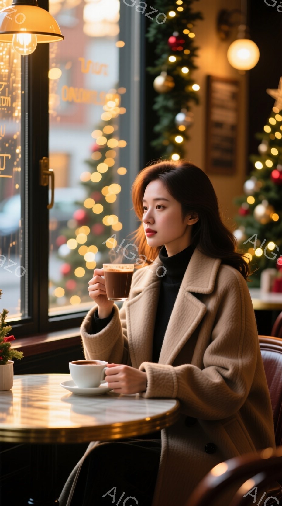 窓際のテーブルに座る女性は、キャメル色のオーバーコートと黒いインナーを着ており、髪はゆるやかなウェーブで肩にかかっています。彼女はコーヒーカップを持って何かを考え込んでいるようで、少し憂いを帯びた表情 - AI生成フリー素材