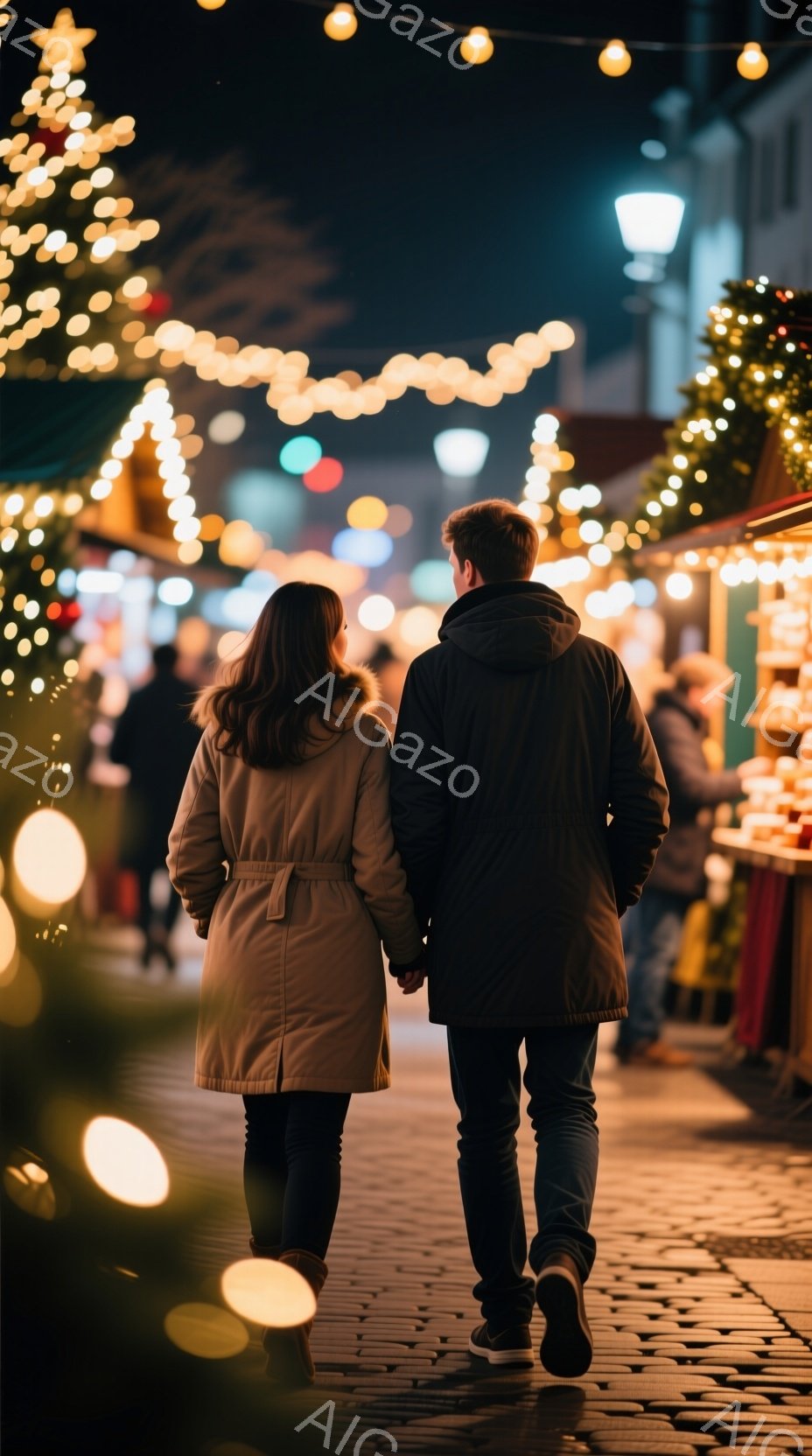 長い茶色の髪の女性と黒髪の男性が、クリスマスマーケットのような場所で手をつないで歩いている。女性はベージュ色のコート、男性は黒色のジャケットとジーンズ姿で、暖かく、親密な雰囲気である。背景には、光り輝くクリスマスツリーやお店が並び、賑やかな冬の夜の情景が広がっている。