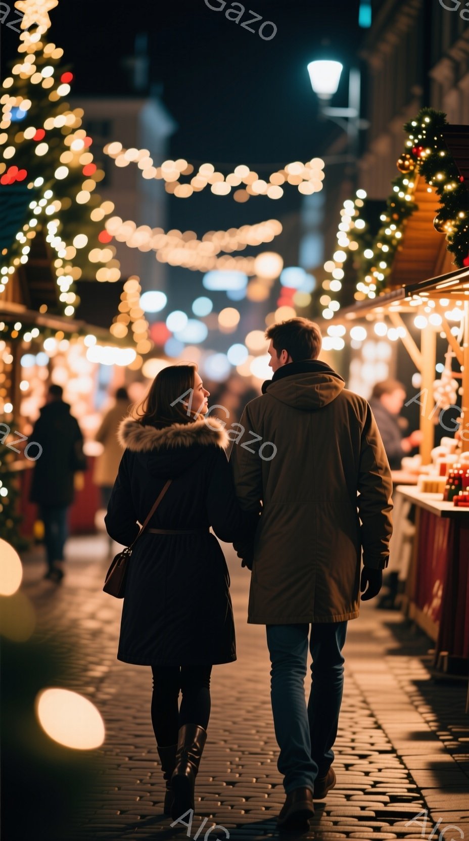 一対のカップルが石畳の道を進んでおり、女性は黒いファー付きのコートを、男性はオリーブグリーンのジャケットとジーンズを着用しています。背景にはクリスマスマーケットの屋台が並び、暖かく煌びやかなイルミネーションで飾られています。全体的にロマンチックで、冬の夜の温かい雰囲気が漂っています。