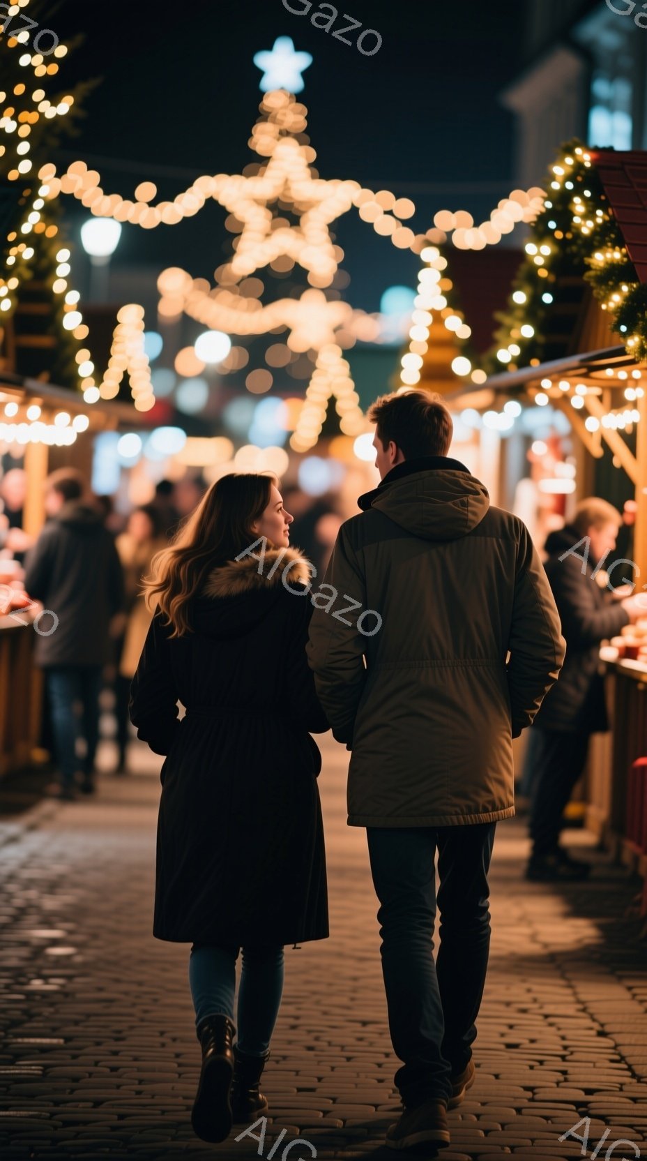 舗装された石畳の道の上を、一対のカップルが歩いている。女性は黒のロングコートとジーンズを着用し、長い髪は背中に流れている。男性はベージュ色のパーカーとジーンズで、二人はクリスマスマーケットのような場所 - AI生成フリー素材