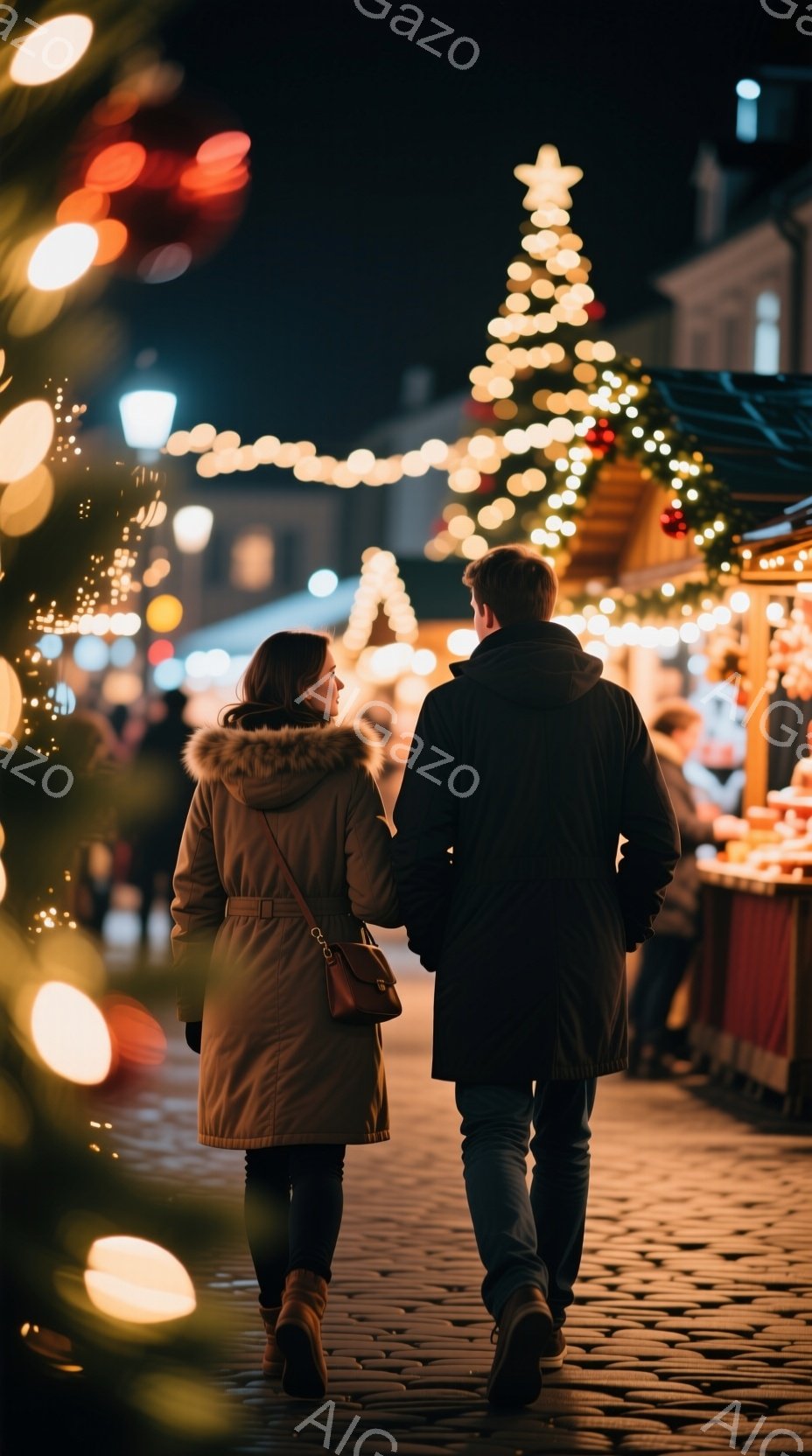 暖かい毛皮の襟付きのキャメル色のコートを着た女性と、黒いジャケットとジーンズを着た男性が、石畳の道を進んでいます。背景にはクリスマスの飾り付けが施された建物や、ぼやけた人々の姿が見え、温かく華やかな雰 - AI生成フリー素材