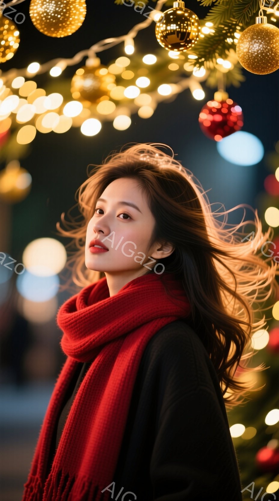 長い茶色の髪を風になびかせながら、赤いスカーフを巻いた女性がこちらを見ている。彼女は黒いコートを着ており、唇には赤色の口紅を塗っている。背景にはクリスマスツリーとキラキラと輝く電飾があり、冬の夜の温か - AI生成フリー素材