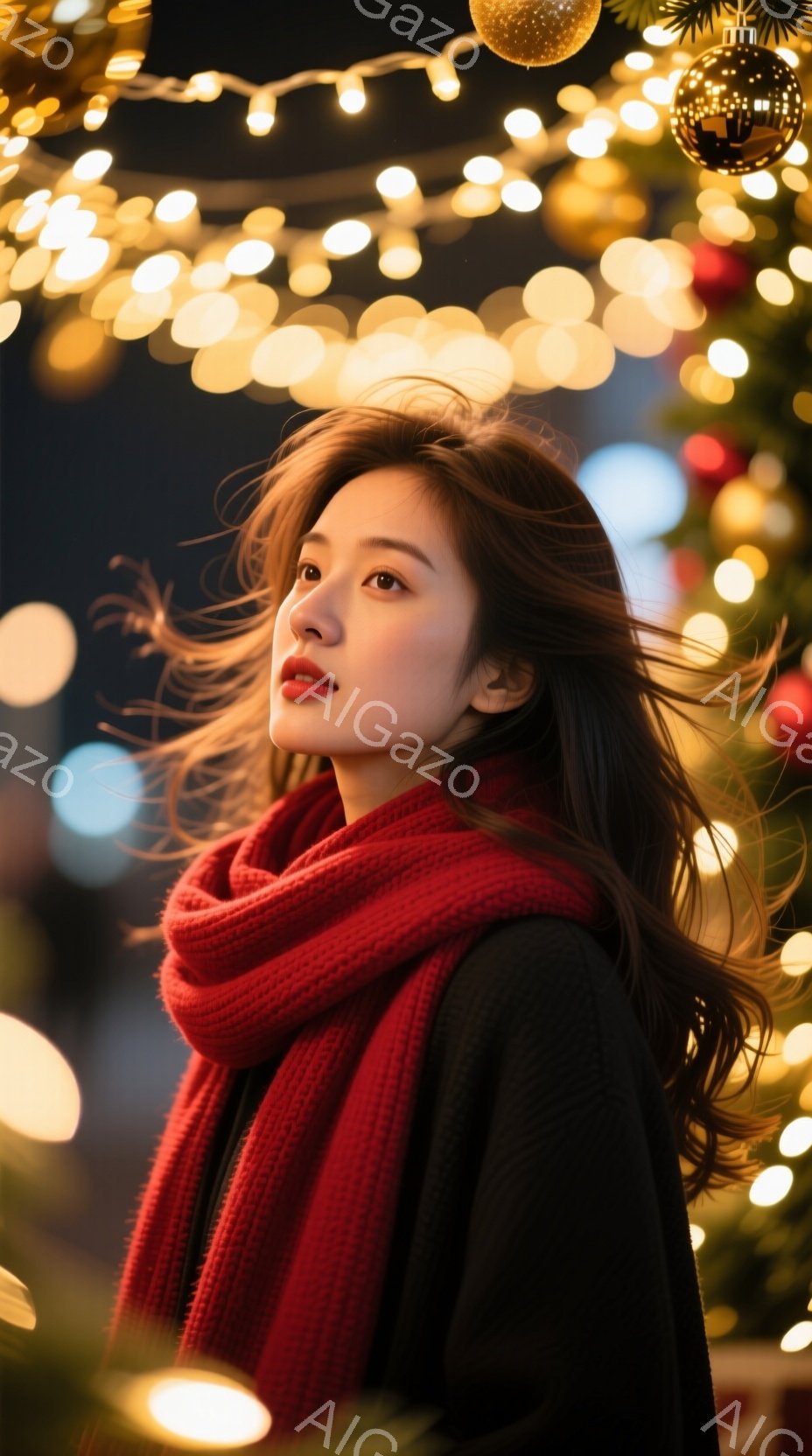 長いダークブラウンの髪をなびかせ、赤いニットのショールを巻いた女性が写っている。彼女は少し上を見上げ、口元に微笑みを浮かべ、どこか物憂げな表情をしている。背景にはぼやけたクリスマスツリーと輝く電飾が広 - AI生成フリー素材