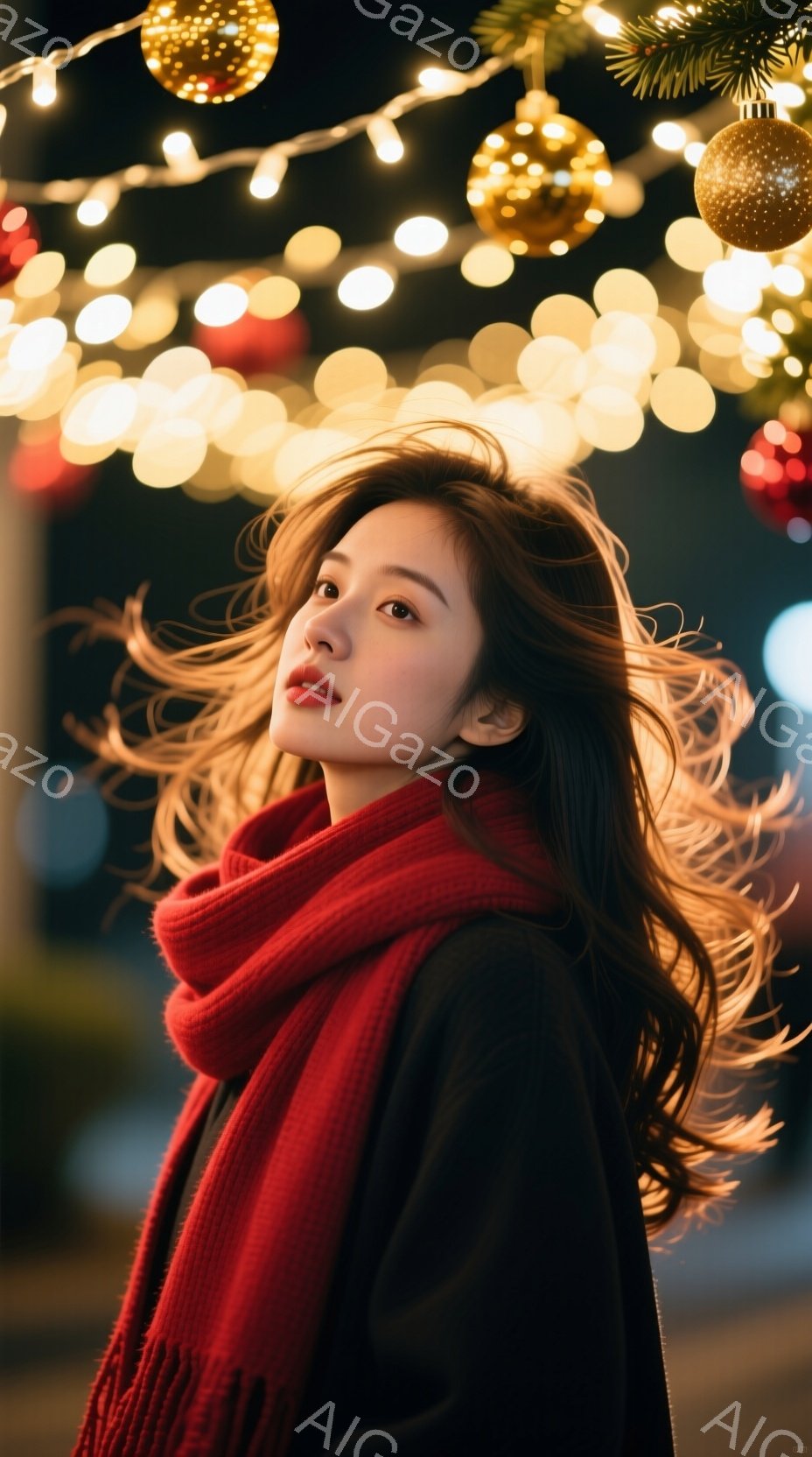 長い茶色の髪を風になびかせながら、赤いスカーフを巻いた女性が写っています。彼女は少し上を見上げ、口元に微笑みを浮かべており、暖かい雰囲気を醸し出しています。背景には、ぼやけた光のイルミネーションと、暗い夜空が広がっており、冬の季節感を強調しています。
