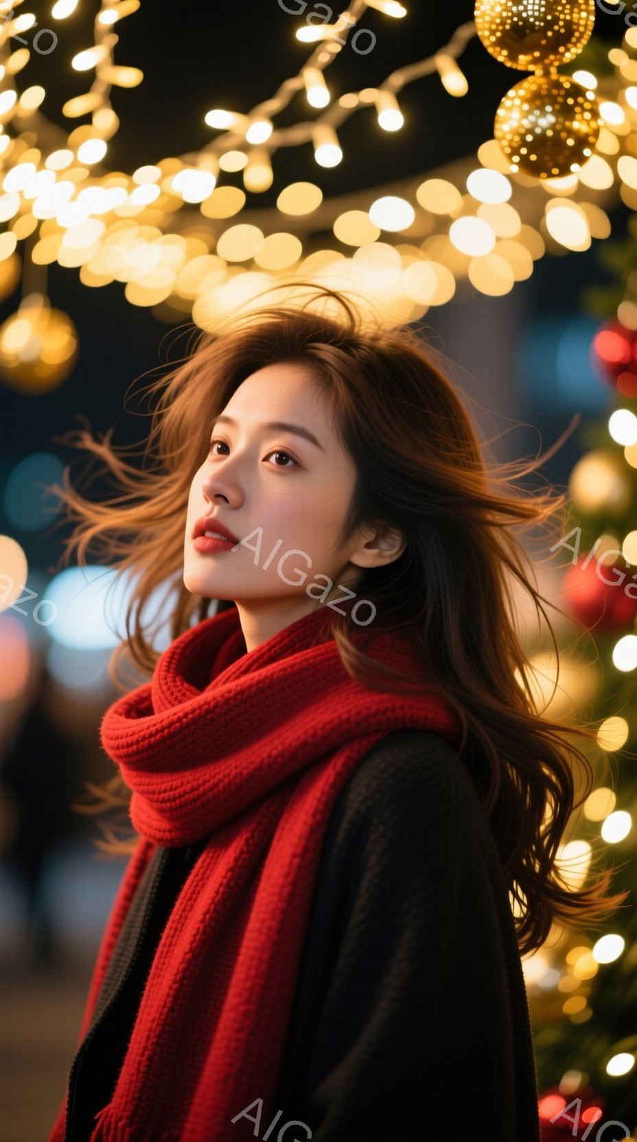 長い茶色の髪を持つ女性が、赤いマフラーを首に巻いています。彼女は少し上を見上げており、顔には穏やかな表情が浮かんでいます。背景にはぼやけたクリスマスツリーやイルミネーションがあり、温かく幻想的な雰囲気を醸し出しています。