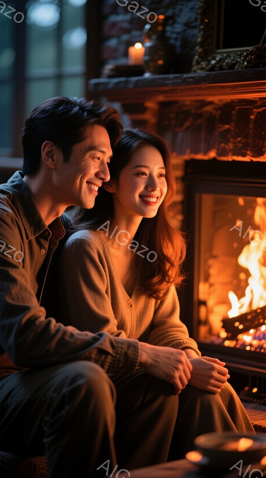 暖炉の前で寄り添って座る若い男女が写っています。男性は濃い色のジャケットを着ており、女性はベージュのセーターを着ています。二人は微笑んでおり、暖かく穏やかな雰囲気が漂っています。 - AI生成フリー素材