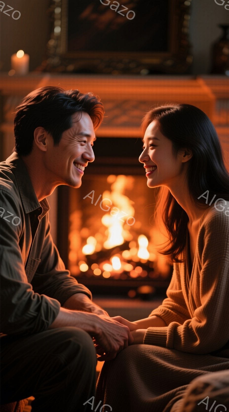 二人は暖炉の前で寄り添い、微笑み合っている。男性は濃い緑色のシャツを着ており、短く整えられた髪をしている。女性はベージュのニットを着ており、長い髪が肩にかかっている。 - AI生成フリー素材