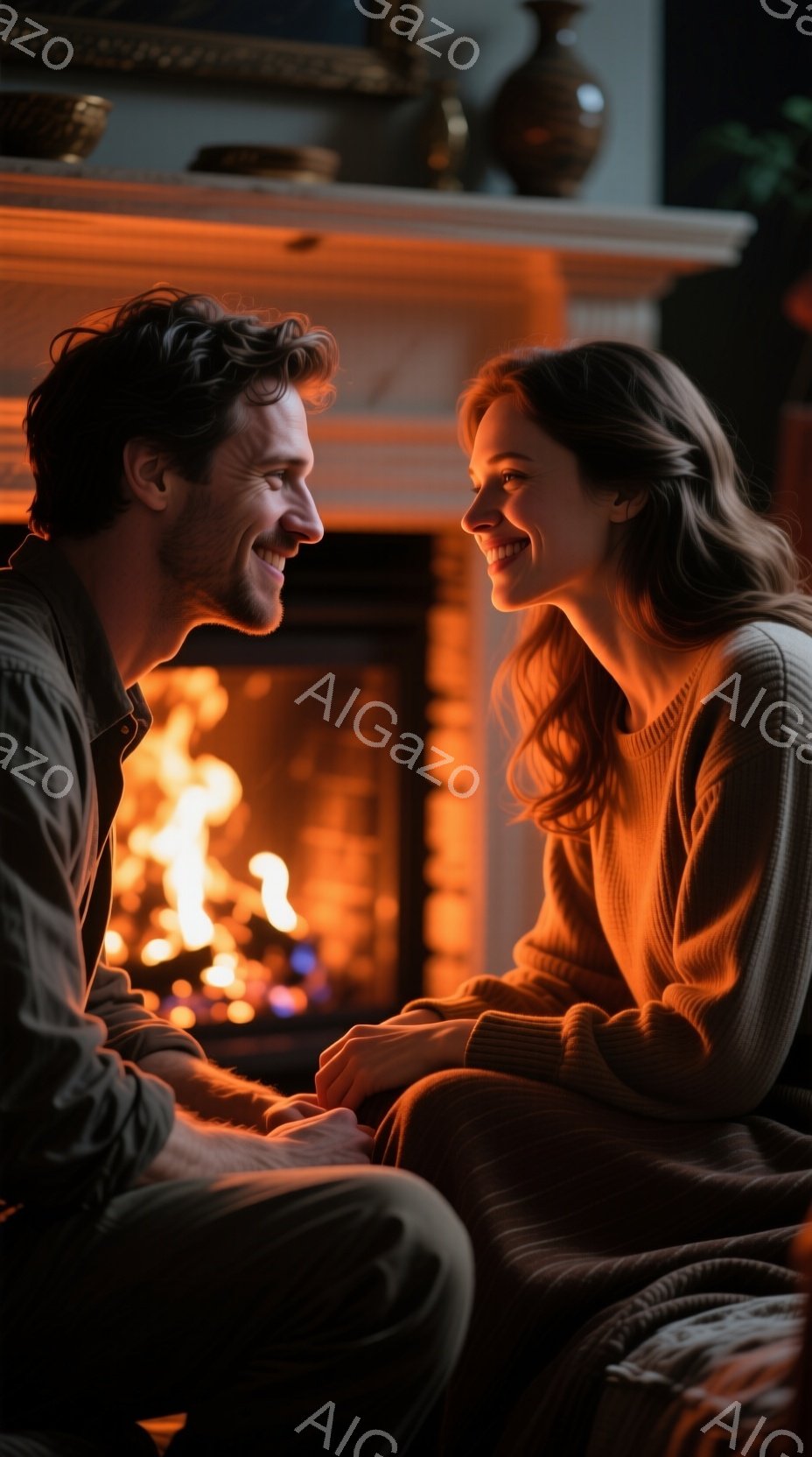 暖炉の前で寄り添う若い男女が写っている。男性は濃い髪で髭を生やし、カジュアルなシャツを着ている。女性はゆるいウェーブのかかった長い髪で、オレンジ色のセーターを着ていて、男性と目を合わせ微笑んでいる。 - AI生成フリー素材