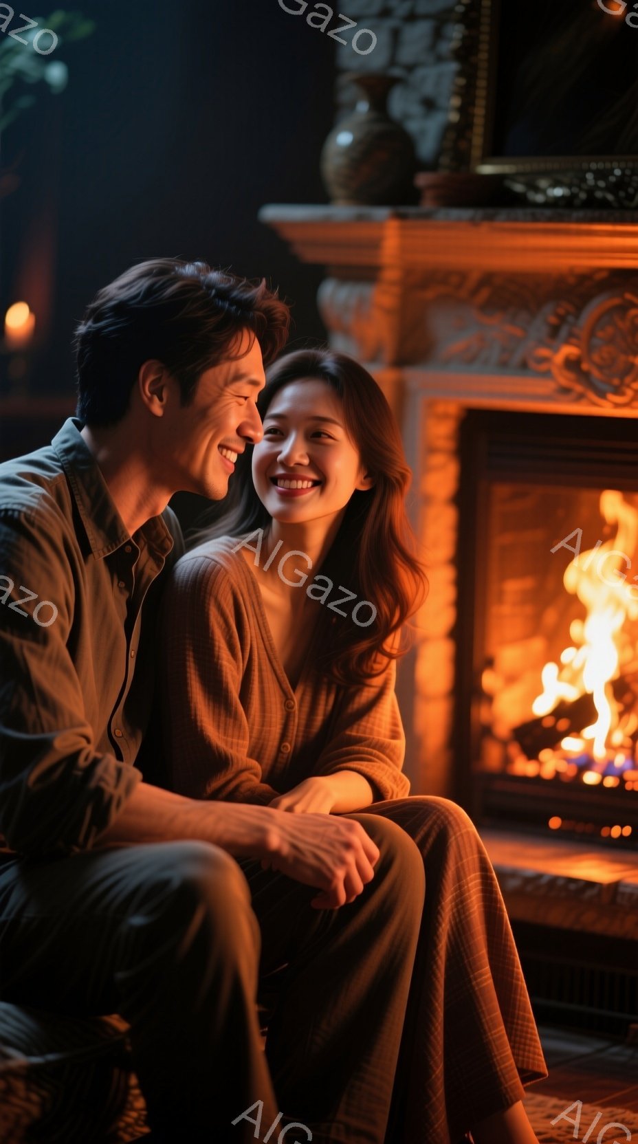 暖炉の前で寄り添う若い男女が写っている。男性はチェックのシャツを着ており、女性はチェック柄のワンピースを着ている。二人は顔を見合わせて微笑んでおり、親密で温かい雰囲気が漂っている。 - AI生成フリー素材