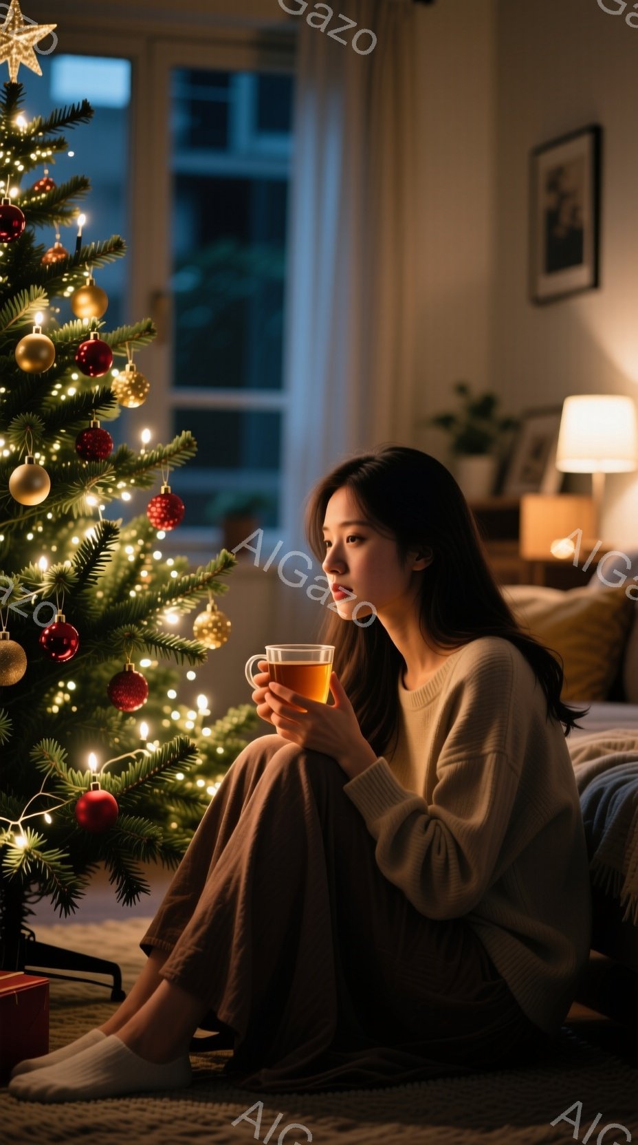 室内でクリスマスツリーの前に座っている若い女性が描かれています。彼女はベージュのゆったりとしたセーターとズボンを身に着け、髪は自然なウェーブで肩にかかっています。温かい飲み物を手に持ち、物思いにふける - AI生成フリー素材