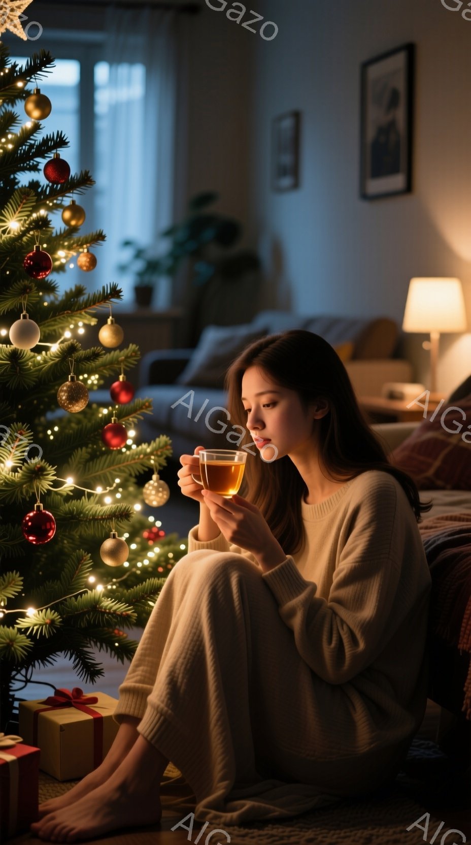 暖炉のある部屋で、女性がクリスマスツリーのそばに座り、温かい飲み物を楽しんでいます。彼女はオフホワイトのゆったりとしたセーターを着て、長いダークブラウンの髪を肩に垂らしており、穏やかな表情でリラックス - AI生成フリー素材