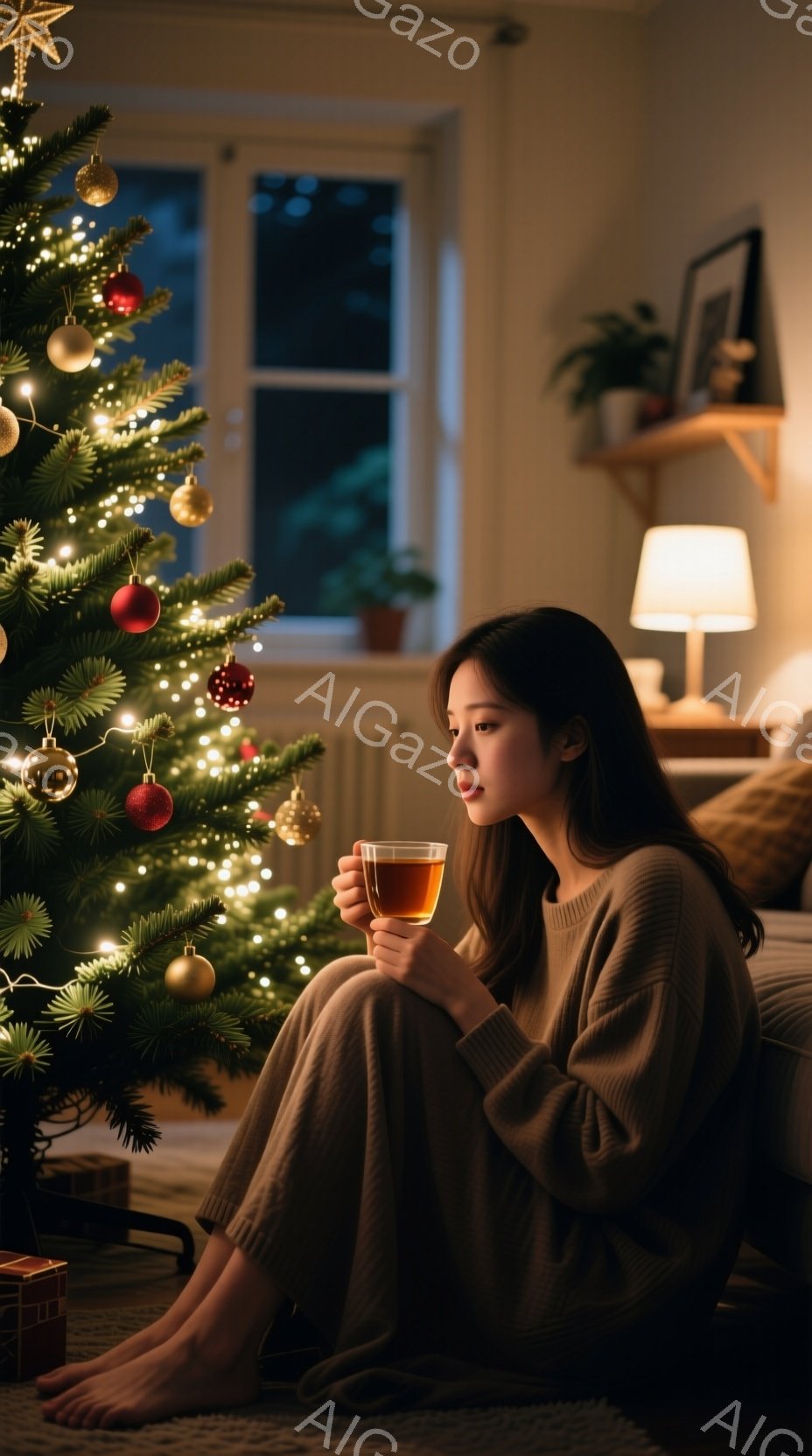 茶色のセーターを着た若い女性が床に座り、カップから温かい飲み物を飲んでいます。彼女は長い黒髪で、少し憂いのある表情をしています。背景にはクリスマスツリーが飾られ、暖かく穏やかな雰囲気を醸し出しています - AI生成フリー素材