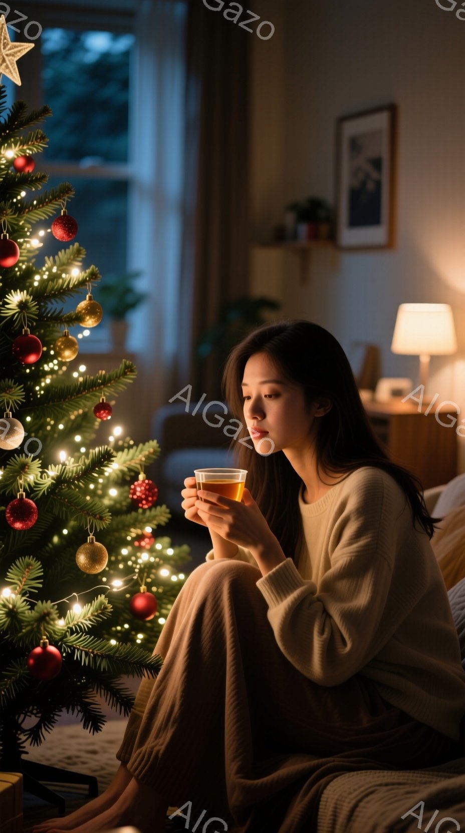 室内でクリスマスツリーの前に座る女性が描かれています。彼女はクリーム色のセーターとパンツを身につけ、長い黒髪を肩から下ろしています。憂いを含んだ表情で温かい飲み物を手に持ち、リラックスした姿勢で座って - AI生成フリー素材