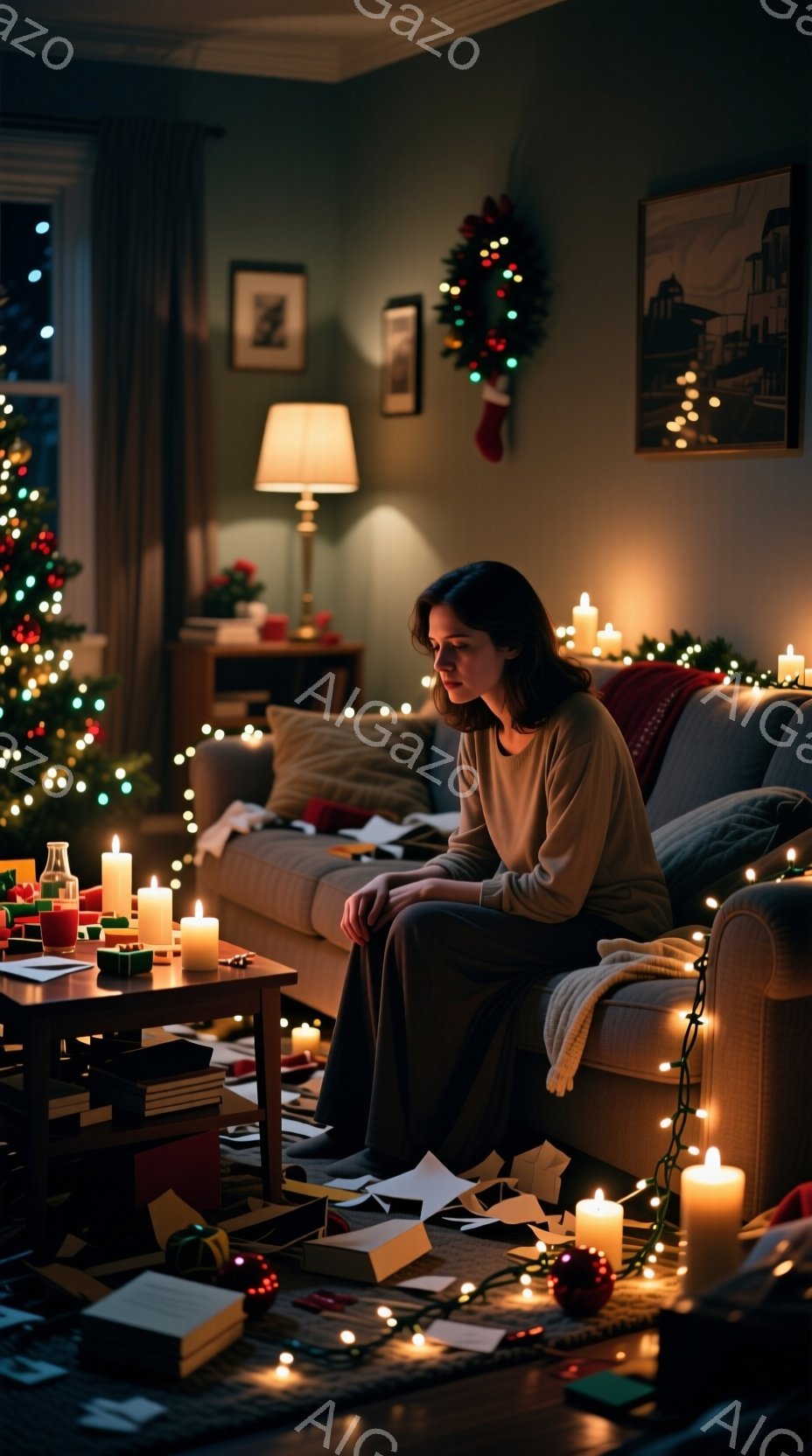 暖炉のそばのソファに座る女性は、薄いグレーのセーターを着て、ダークブラウンの髪を無造作にまとめています。彼女はうつむき加減で、少し疲れた表情を浮かべています。背景にはクリスマスツリーやプレゼント、たくさんのキャンドルが散りばめられており、暖かく落ち着いた、しかしどこか寂しげな雰囲気です。