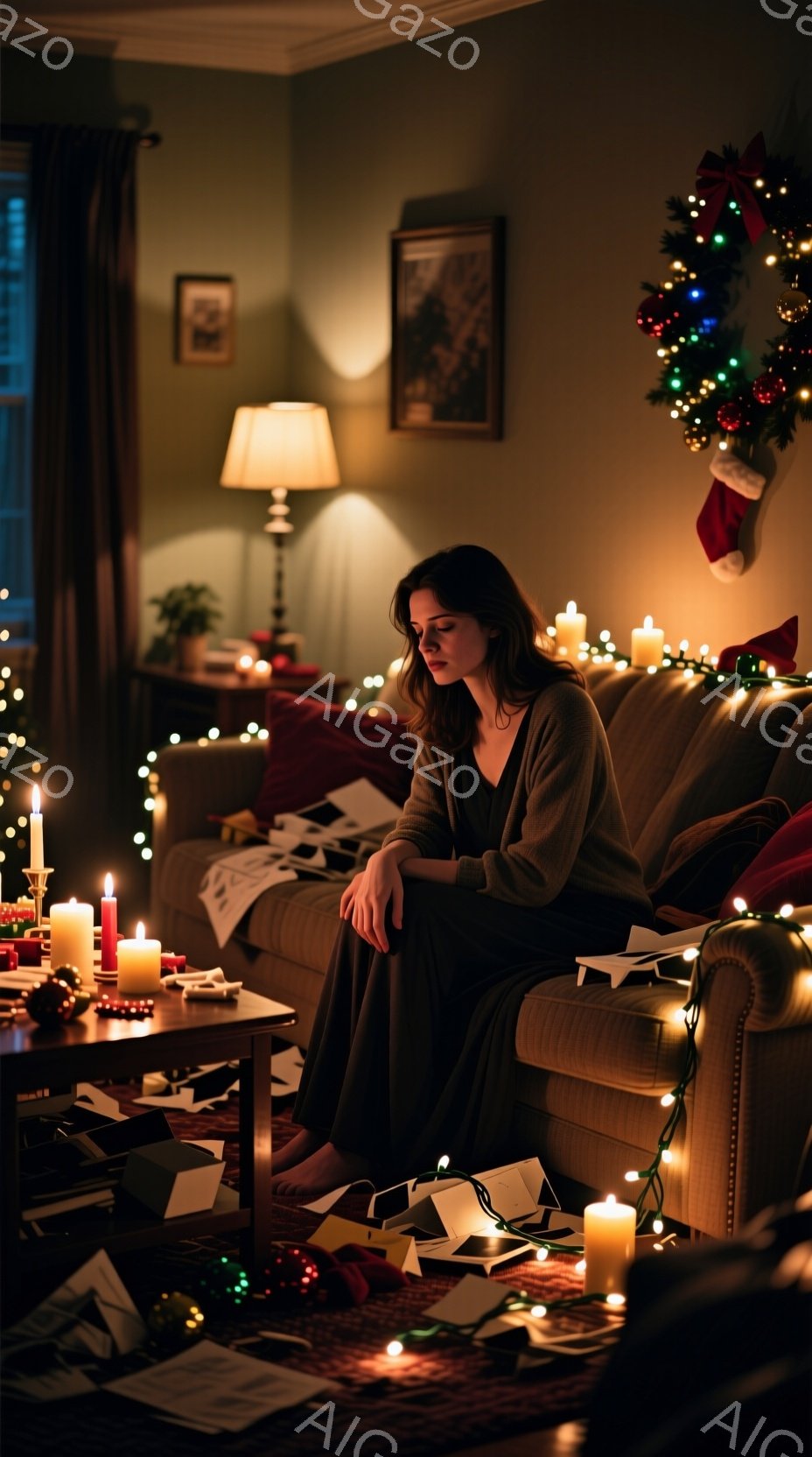 疲れた様子の女性がソファに座り、膝を抱えている。彼女はダークグレーの長袖のセーターとスカートを着ており、髪は後ろにまとめられている。部屋はクリスマス装飾で飾られており、散らばった紙片や点在するキャンドルが、混乱とした雰囲気を作り出している。