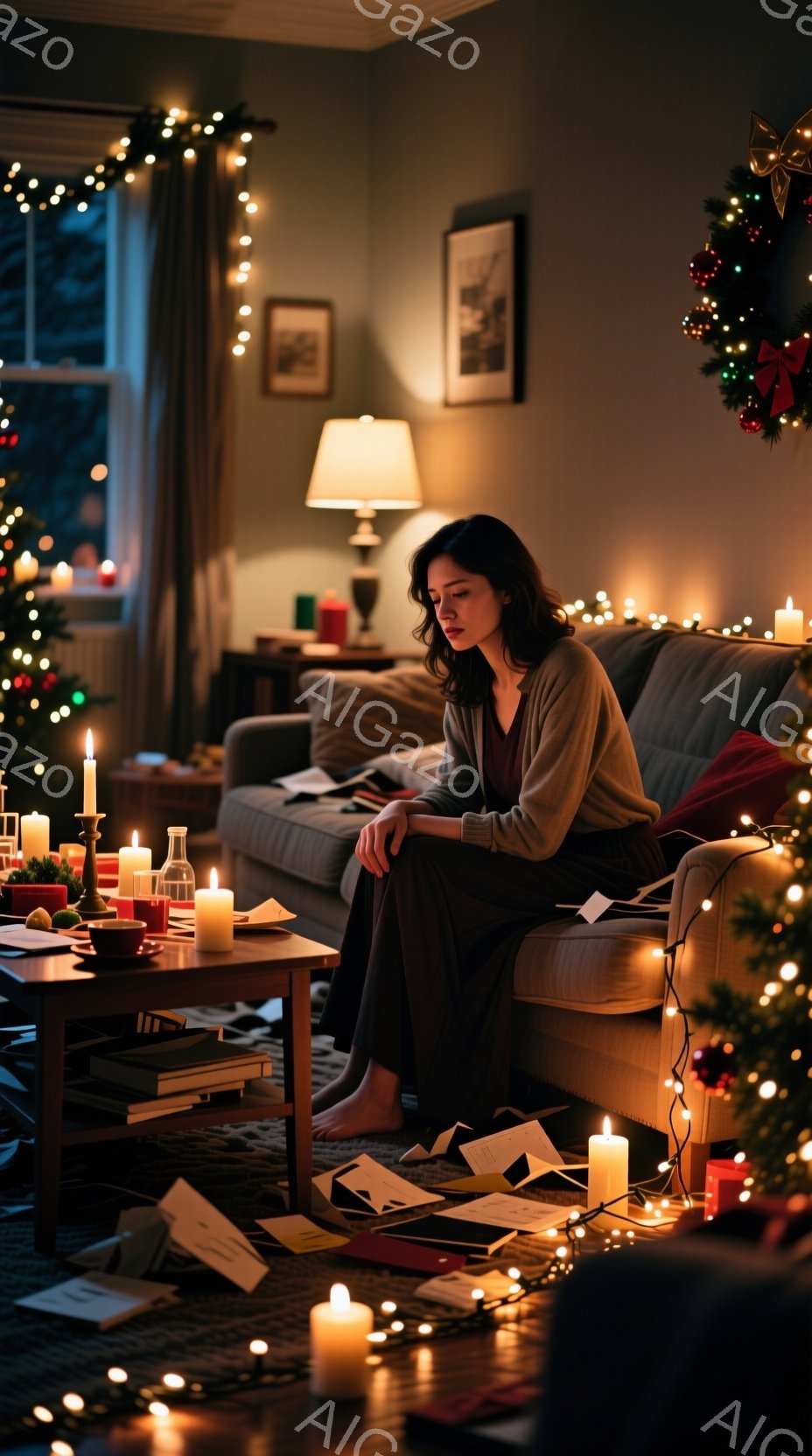 女性はソファに座り、疲れた様子でうつむいています。彼女はダークブラウンの長袖シャツと濃い色のズボンを着用し、髪は肩まで伸びています。部屋はクリスマスツリーやたくさんのキャンドルで飾られており、床には散らばった紙がいくつか見え、全体的に寂しげで憂鬱な雰囲気が漂っています。