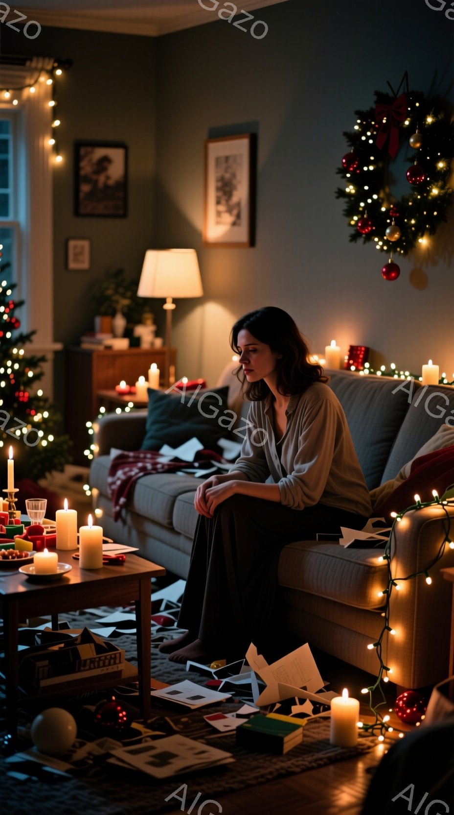 女性は灰色のソファに座り、疲れた表情で遠くを見つめています。彼女はベージュ色のセーターと濃い色のズボンを身につけ、ダークブラウンのロングヘアは無造作に肩にかかっています。部屋はクリスマスデコレーションで飾られ、多くのキャンドルが床やテーブルに置かれており、全体的に憂鬱で落ち着かない雰囲気が漂っています。