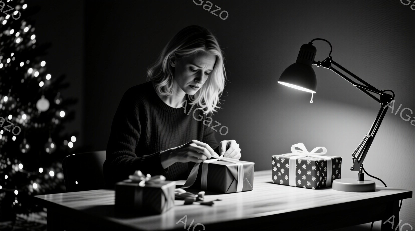 金髪で肩までの長さの女性が、プレゼントのラッピングに集中しています。彼女は黒いセーターを着ており、少しうつむき加減で、真剣な表情をしています。背景にはぼやけたクリスマスツリーが見え、テーブルの上にはラ - AI生成フリー素材