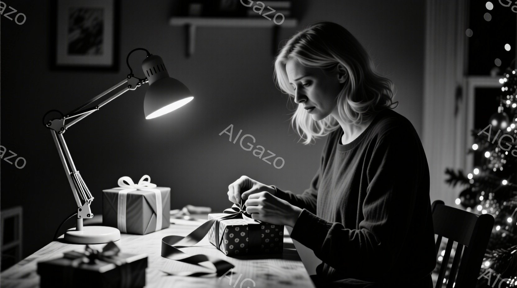 一人の女性がクリスマスプレゼントのラッピングをしている様子が描かれています。彼女は黒いセーターを着ており、金髪を肩まで下ろしています。テーブルの上には、ラッピングペーパーとリボン、そして既にラッピング - AI生成フリー素材