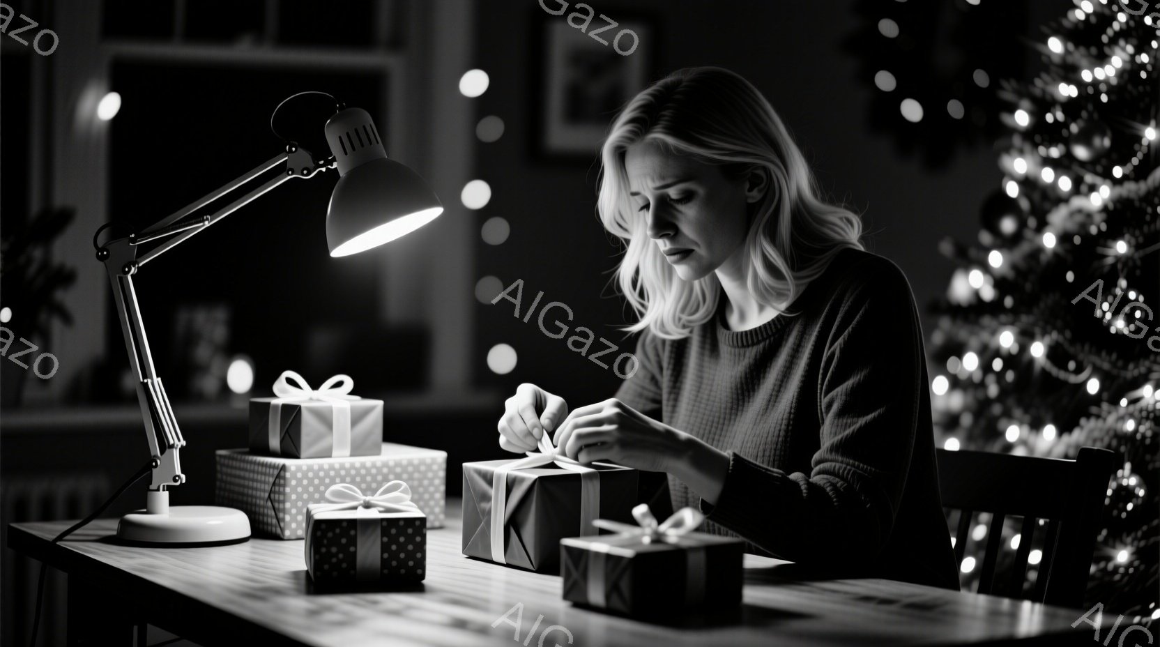 女性はクリスマスツリーの明かりが灯る部屋で、プレゼントのラッピングに集中しています。彼女はセーターを着ており、髪は肩まで伸びたブロンドヘアです。真剣な表情でリボンを丁寧に結んでおり、部屋全体が暖かく、 - AI生成フリー素材