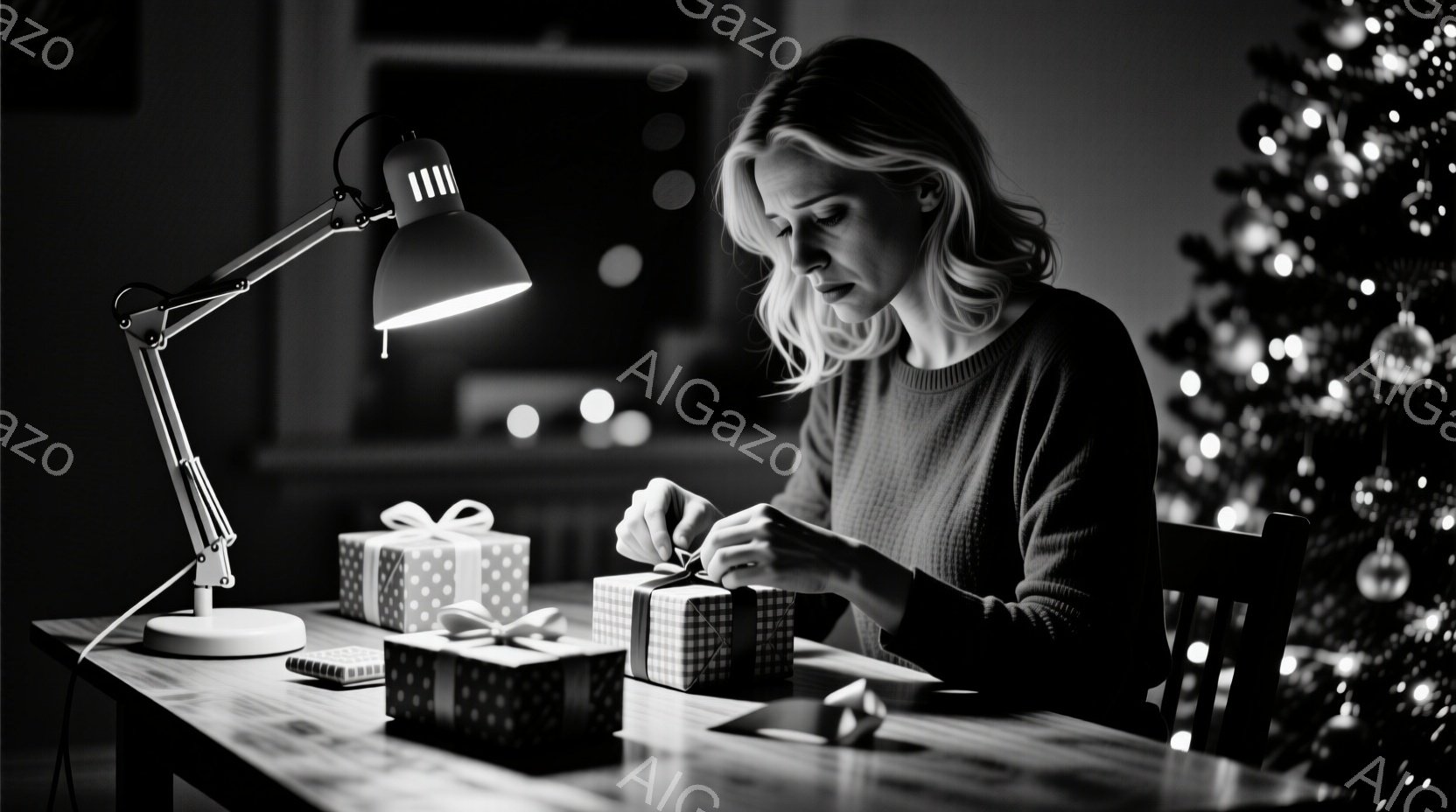 女性がテーブルでプレゼントをラッピングしている様子が写っている。彼女はグレーのセーターを着ており、髪は肩にかかる長さで、真剣な表情で作業に集中している。背景にはクリスマスツリーの光がぼんやりと見え、暖かく穏やかな雰囲気である。