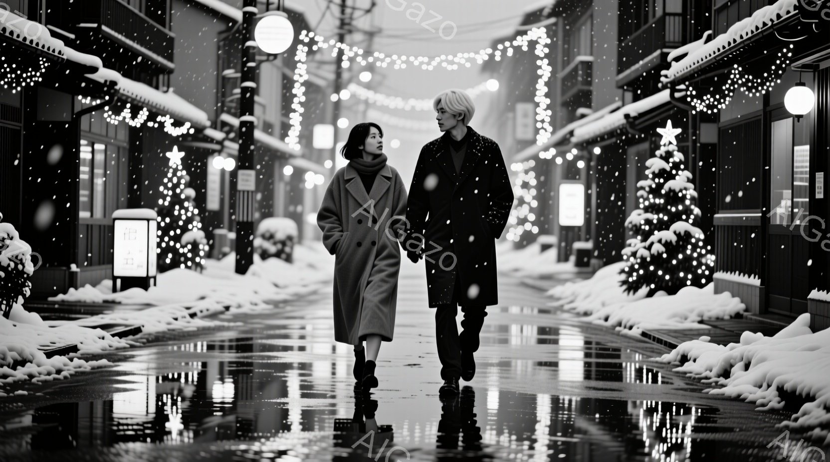 雪が降る街並みを、一対の男女が手をつないで歩いている。女性は膝丈のベージュのコートを着ており、黒髪で表情ははっきり見えない。男性は黒いコートと白い髪で、女性と並んで歩いている様子から、二人の間には親密 - AI生成フリー素材