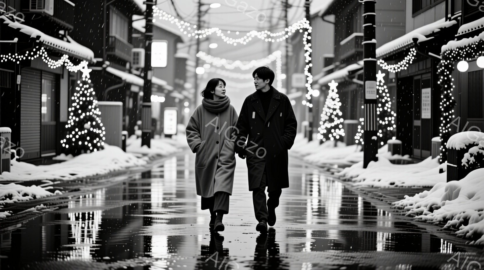 雪が降る街並みを男女が並んで歩いている。女性はベージュ色のロングコートに濃い色の髪を耳にかけるようにまとめ、男性は黒のロングコートを着ている。路面は濡れており、建物や電線には雪が付着し、光のイルミネー - AI生成フリー素材