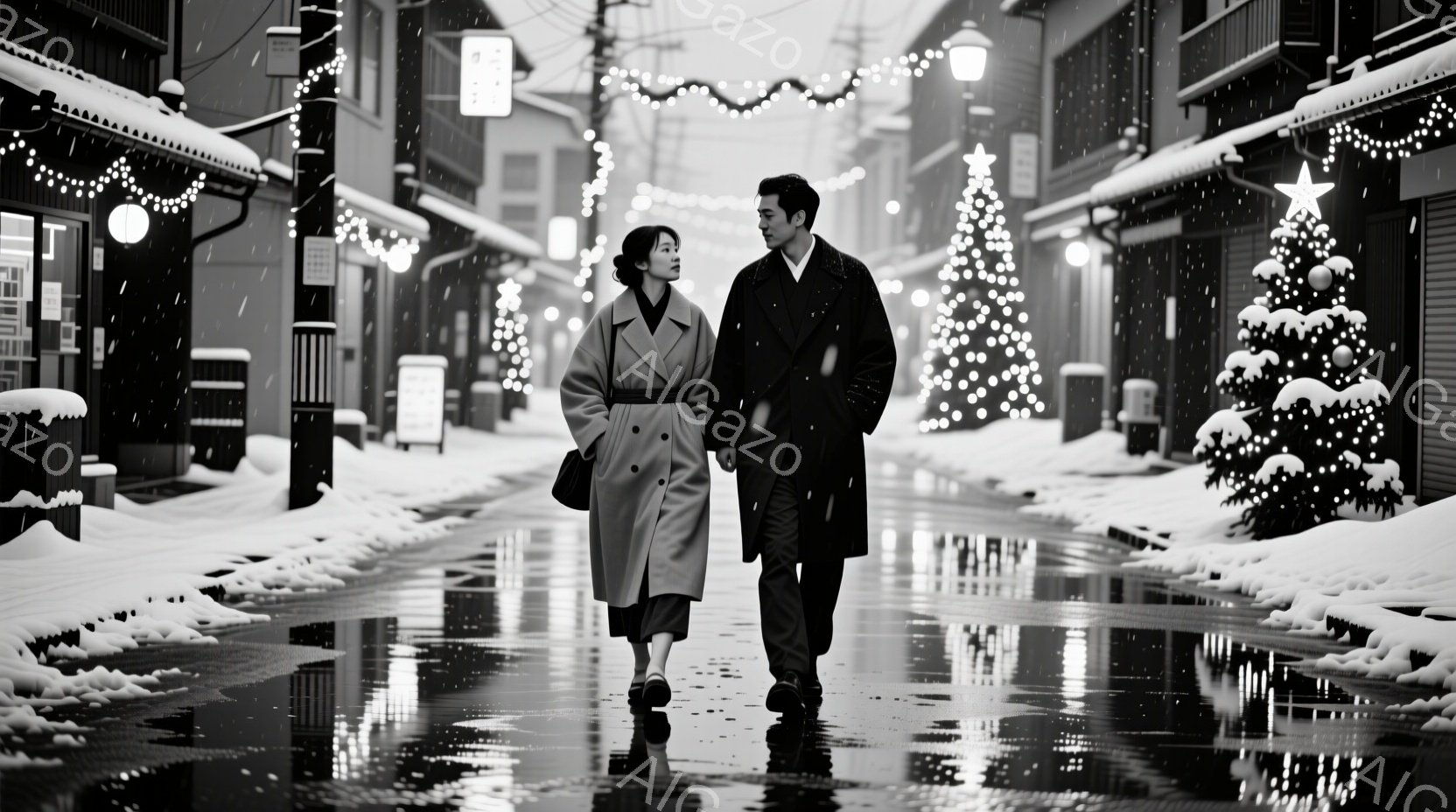 雪が降る街並みを、コートを着た男女が並んで歩いている。女性はベージュのロングコートに黒い髪、男性は黒いロングコートに短髪で、表情は穏やかである。背景には、クリスマスツリーや提灯が飾られた建物が並び、雪 - AI生成フリー素材