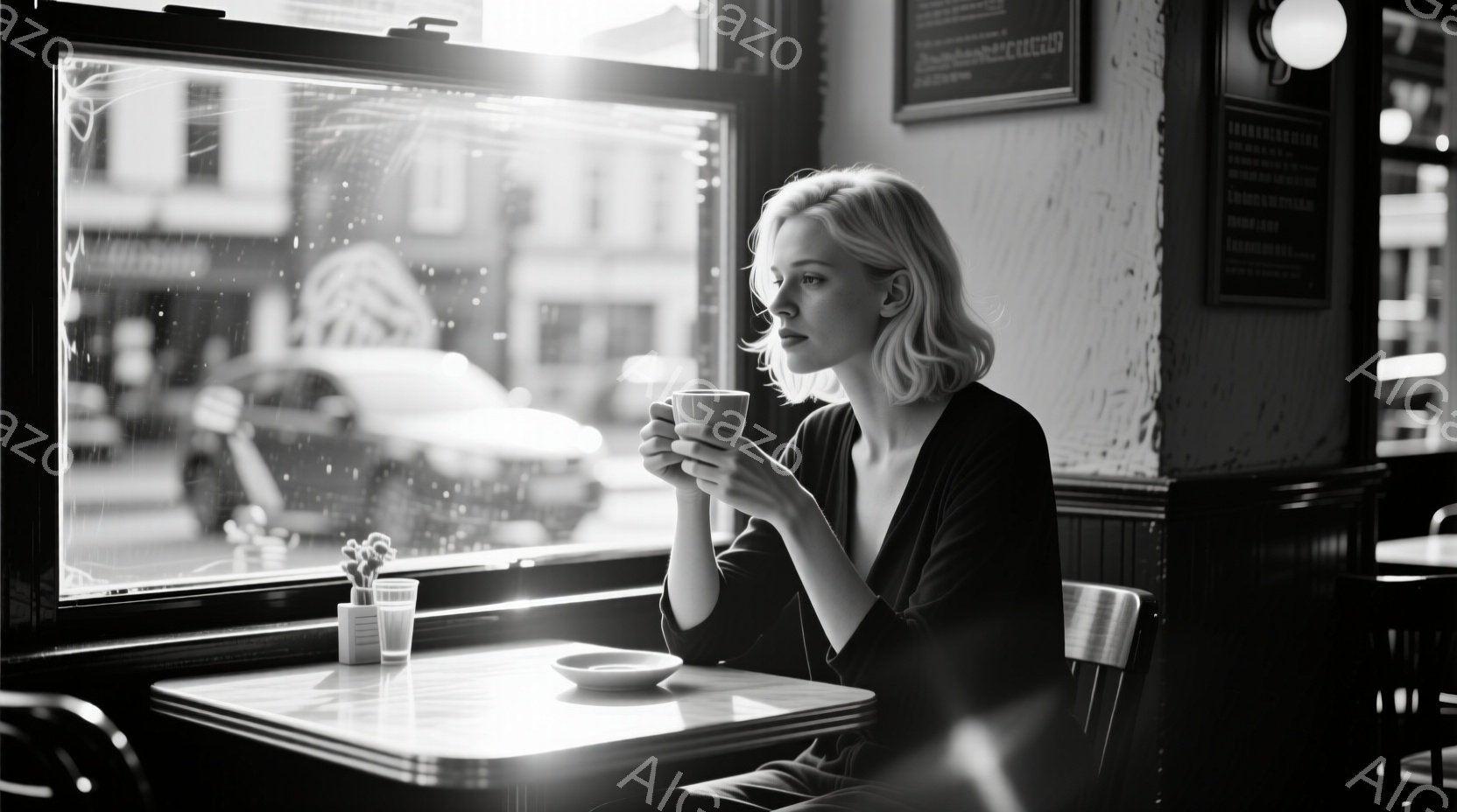 金髪の女性がカフェの窓際に座り、カップを両手で抱えて何かを考えているように見える。彼女は黒いトップスを着ており、髪は肩のあたりでカールしている。窓の外は雨が降っており、ぼやけた街並みが広がっているため、物憂げで静かな雰囲気が漂っている。