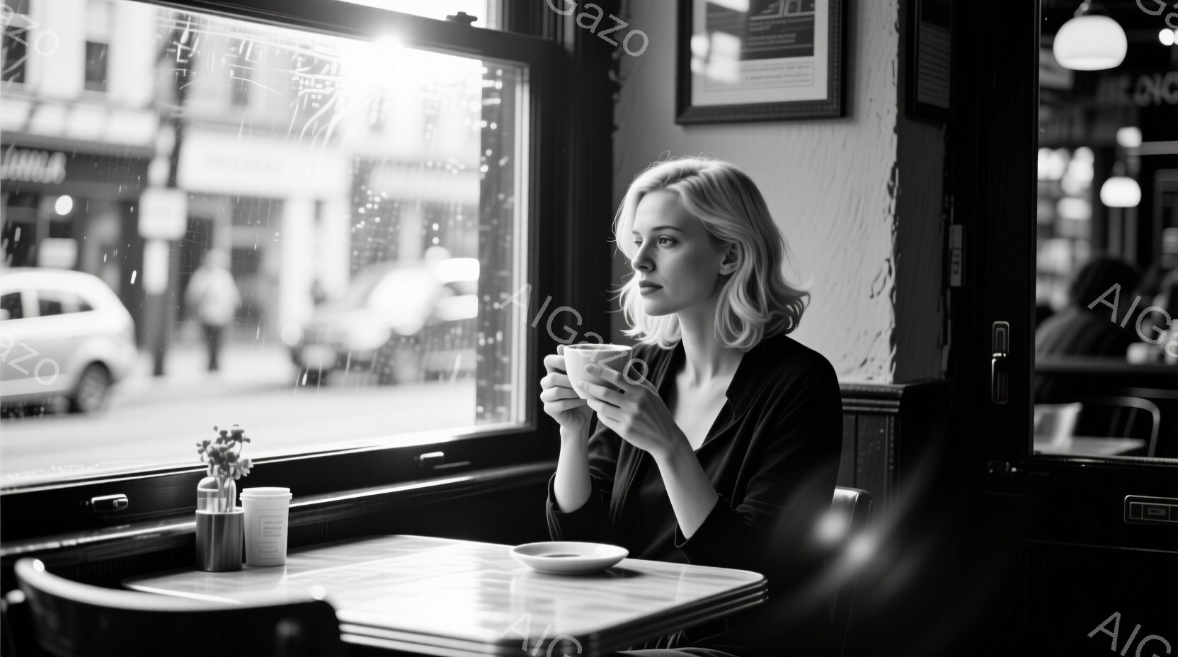 金髪の女性がカフェの窓際に座り、コーヒーカップを手に持っています。彼女は黒いトップスを着ており、少し物憂げな表情を浮かべて外を眺めています。背景には雨の降る街並みがぼやけて見え、カフェのテーブルにはお皿と花が置かれ、全体的に少し寂しげで物静かな雰囲気が漂っています。