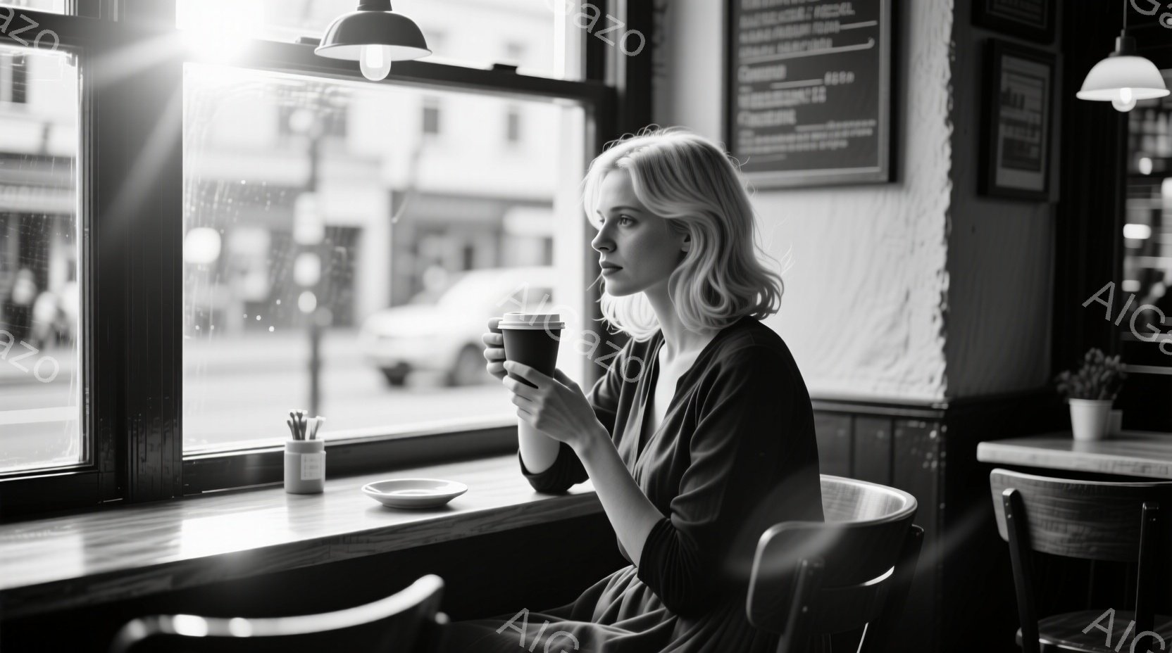 金髪の女性がカフェの窓際に座り、コーヒーカップを手に持っている。彼女は黒いドレスを着ており、少し物憂げな表情をしている。窓の外は雨が降っており、ぼやけた街並みと光の反射が雰囲気のある空間を作り出してい - AI生成フリー素材
