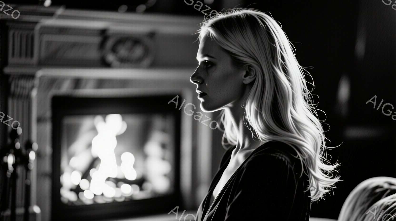 長いブロンドの髪を持つ女性が、横顔で描かれている。彼女は黒い服を着ており、少し憂いを帯びた表情で遠くを見つめている。背景には暖炉があり、炎が灯っている様子がぼんやりと見えるため、室内で落ち着いた雰囲気が漂っている。