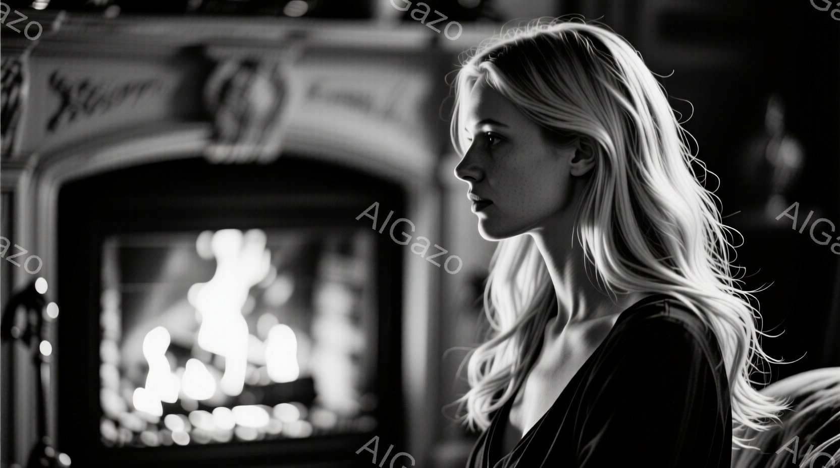 長いブロンドの髪をした女性が、黒い服を着て横向きに立っています。彼女はどこかを見つめるように視線をそらしており、やや憂いを帯びた表情をしています。背景には暖炉があり、炎が燃えており、室内が暖かく照らされています。