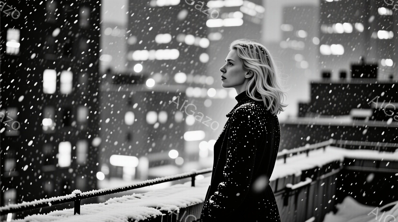 白い髪の女性が、黒いコートを着て、高い建物のバルコニーに立っている。彼女は横顔で、少し憂いを帯びた表情で遠くを見つめている。背景には雪が降り積もり、夜の都市の明かりがぼんやりと見えるため、静かで物憂げな雰囲気が漂う。