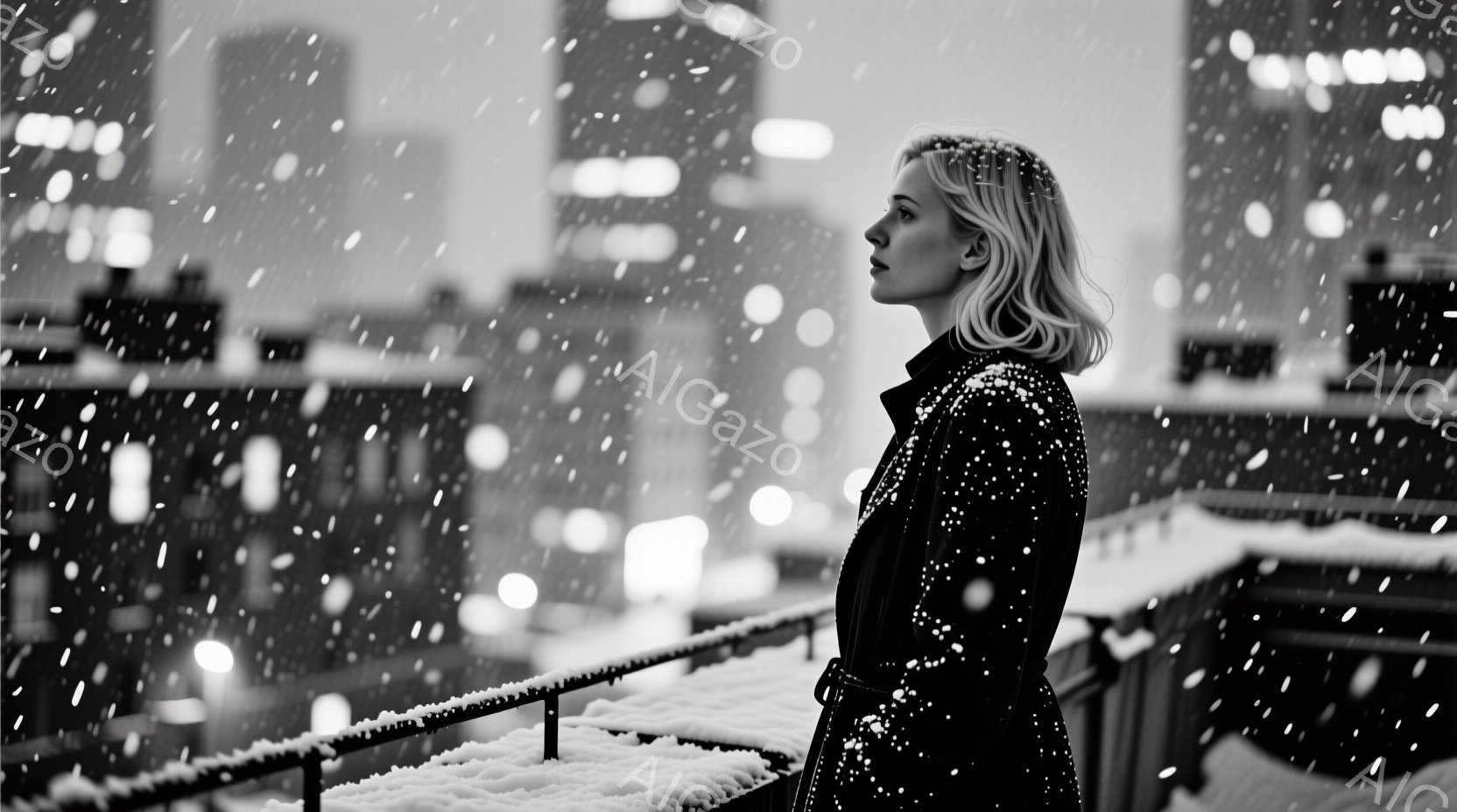 金髪の女性が黒いコートを羽織り、横を向いて遠くを見つめている。雪が降り積もる夜景を背景に、彼女の姿勢は静かで憂いを帯びている。背景にはぼやけた高層ビル群が広がり、冬の都会の静寂と孤独感を強調している。