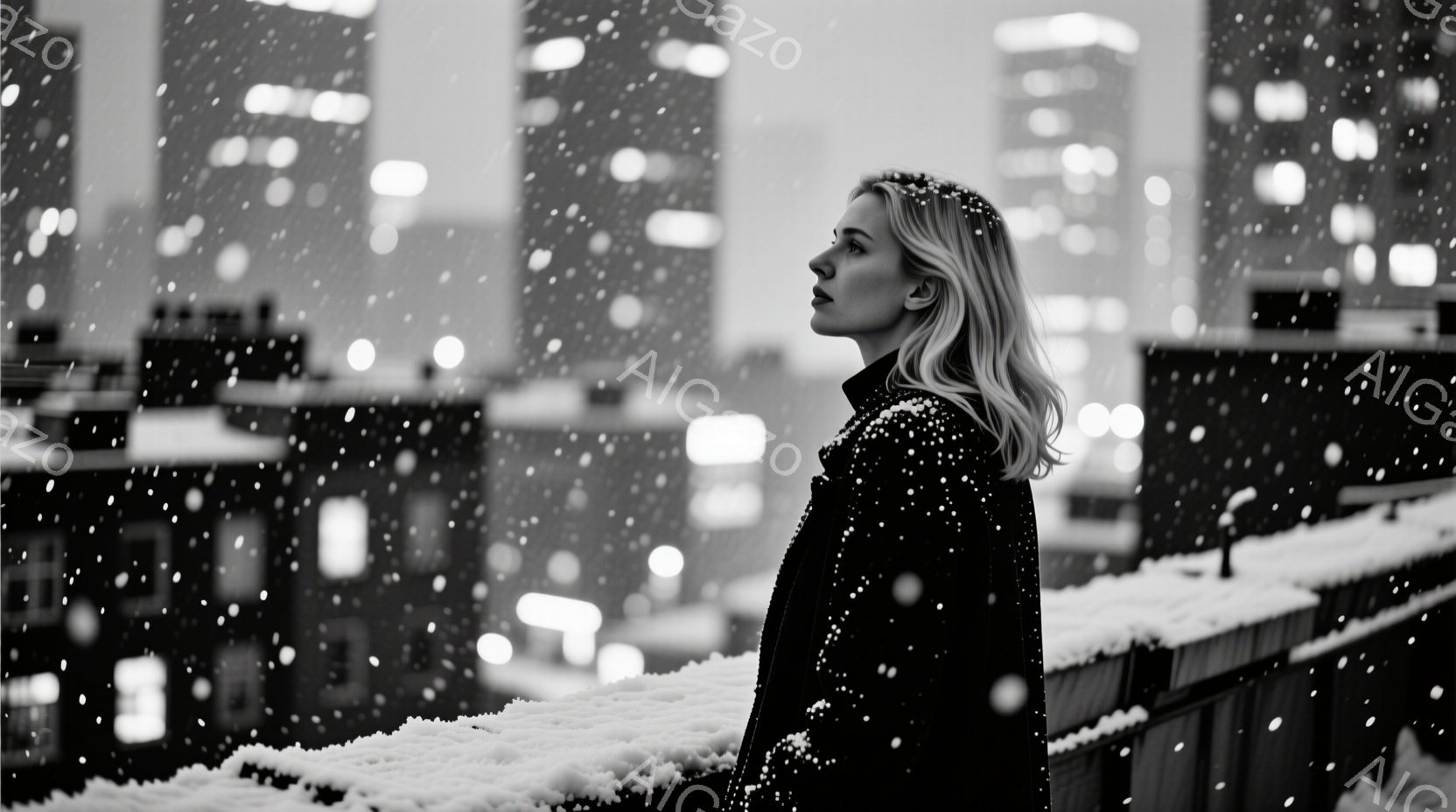 金髪の女性が黒いコートを着て、雪が降る夜の高層ビル群を見下ろしている。彼女は横顔で、少し憂いを帯びた表情で遠くを見つめている。背景には光る窓が並ぶ高層ビル群と、降り積もる雪が確認でき、全体的に静かで物 - AI生成フリー素材