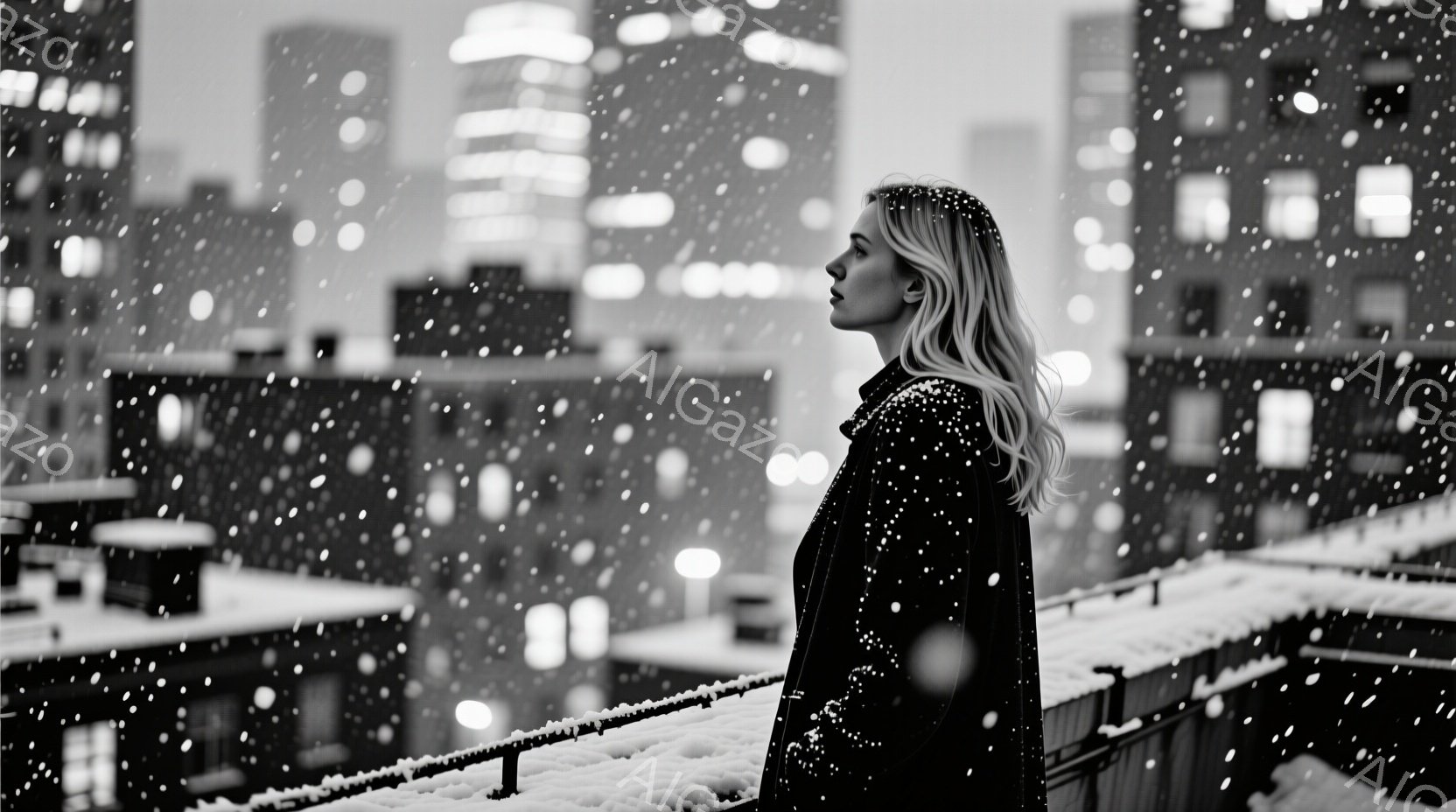 長いブロンドヘアの女性が、雪が降る夜の屋上に立っている。黒いコートを着ており、横顔は憂いを帯びて見える。背景には、ライトアップされた高層ビル群が広がり、雪景色と相まって幻想的な雰囲気を醸し出している。